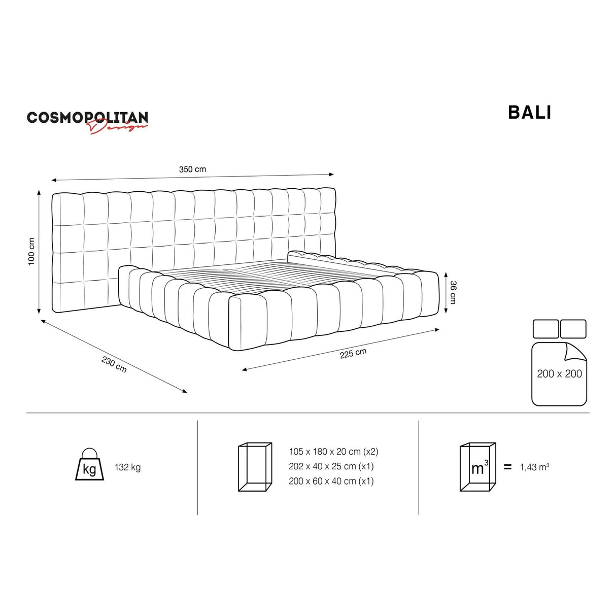 Bali Bett mit Doppelkopfteil und Stauraum, aus Samt (Blu14) in Grau, 200x200 cm von Cosmopolitan Design – Bild 3