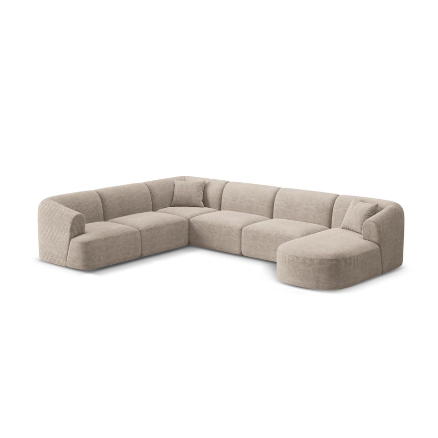 Campi 7-Sitzer Panorama Ecksofa, Linke Seite, aus Cord in Cappuccino (Lincoln 09D), Beine aus Schwarzes Plastik, 330x255x70 cm von Cosmopolitan Design – Bild 4