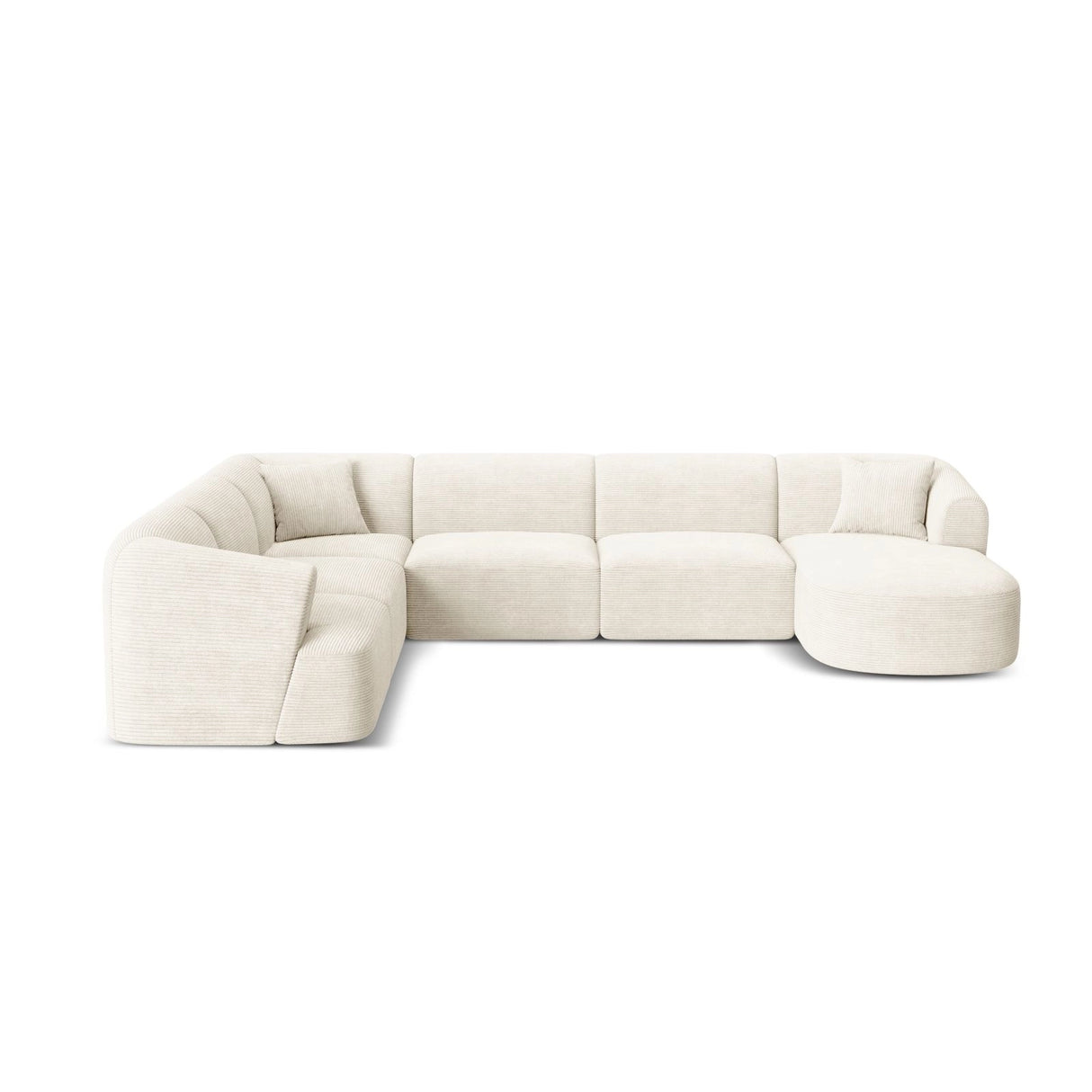 Campi 7-Sitzer Panorama Ecksofa, Linke Seite, aus Cord in Elfenbein (Lincoln 01D), Beine aus Schwarzes Plastik, 330x255x70 cm von Cosmopolitan Design – Bild 1