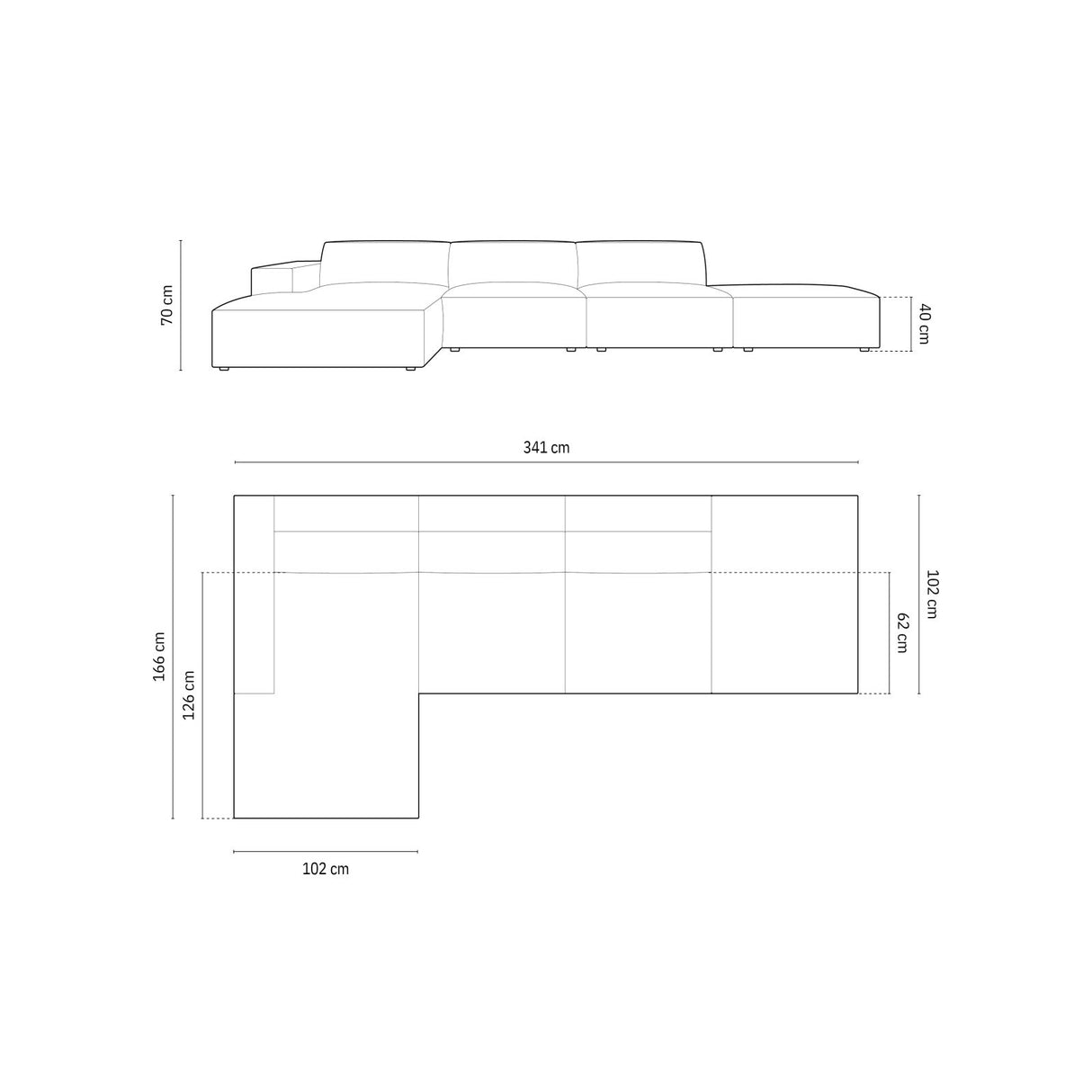 Chicago 5-Sitzer Ecksofa, Linke Seite, aus Samt oder Chenille, 341x166x70 cm von Cosmopolitan Design – Bild 2