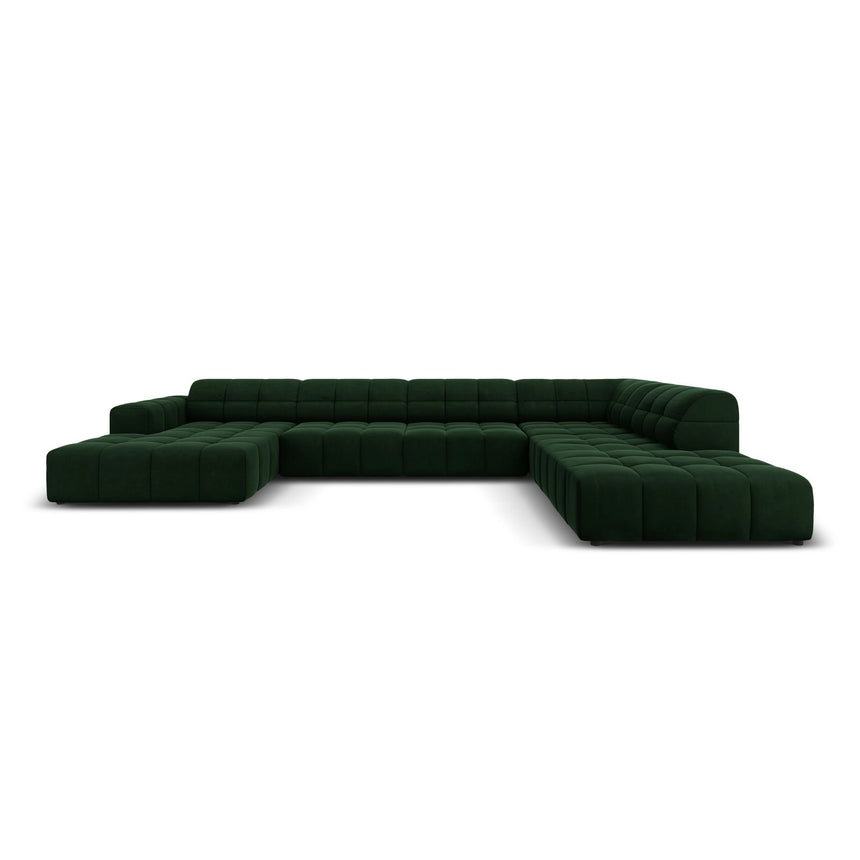 Chicago 7-Sitzer Panorama Ecksofa, Rechte Seite, aus Samt in Flaschengrün (Bluvel 78), Beine aus Schwarzes Plastik, 364x262x70 cm von Cosmopolitan Design – Bild 1