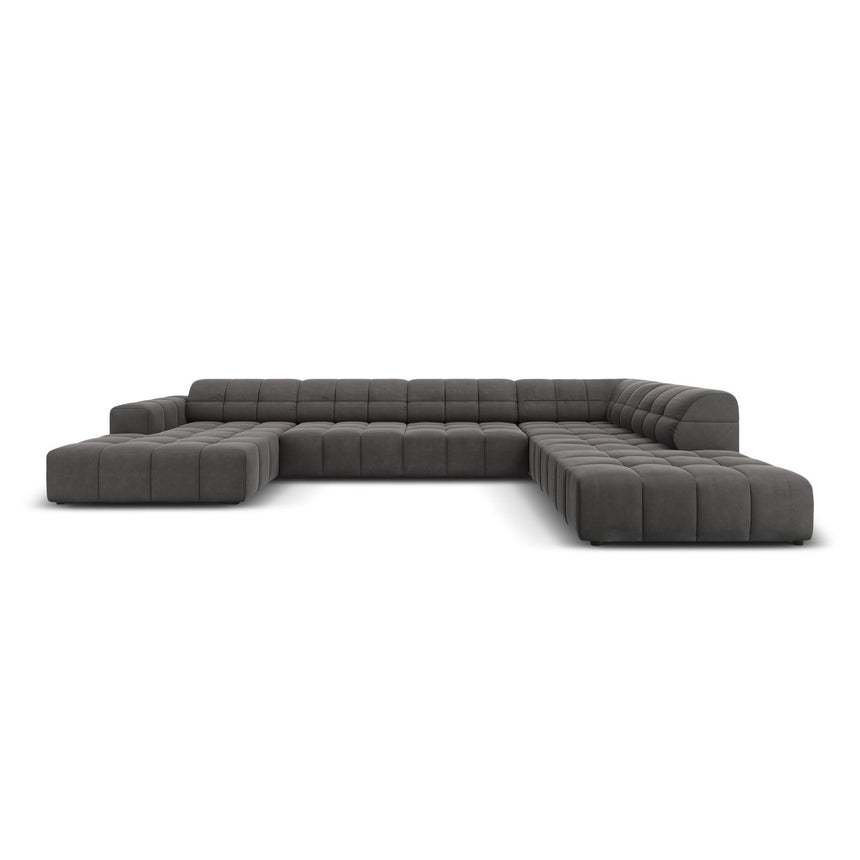 Chicago 7-Sitzer Panorama Ecksofa, Rechte Seite, aus Samt in Grau (Bluvel 14), Beine aus Schwarzes Plastik, 364x262x70 cm von Cosmopolitan Design – Bild 1