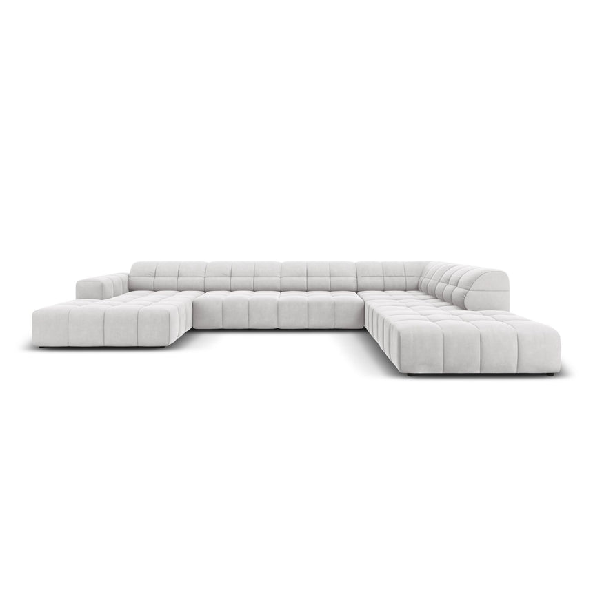 Chicago 7-Sitzer Panorama Ecksofa, Rechte Seite, aus Samt in Silber (Bluvel 03), Beine aus Schwarzes Plastik, 364x262x70 cm von Cosmopolitan Design – Bild 1