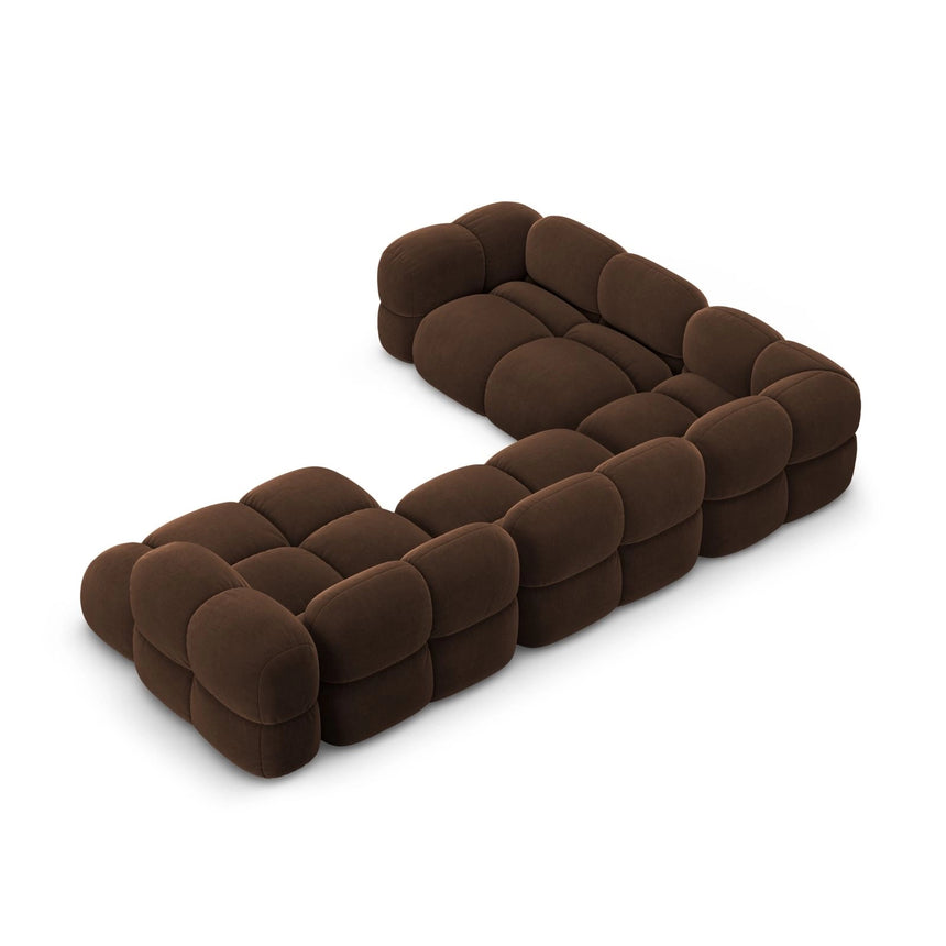 Loretto 5-Sitzer Panorama Ecksofa, Linke Seite, aus Samt in Schokolade (Vogue 6), Beine aus Schwarzes Plastik, 345x250x68 cm von Cosmopolitan Design – Bild 5