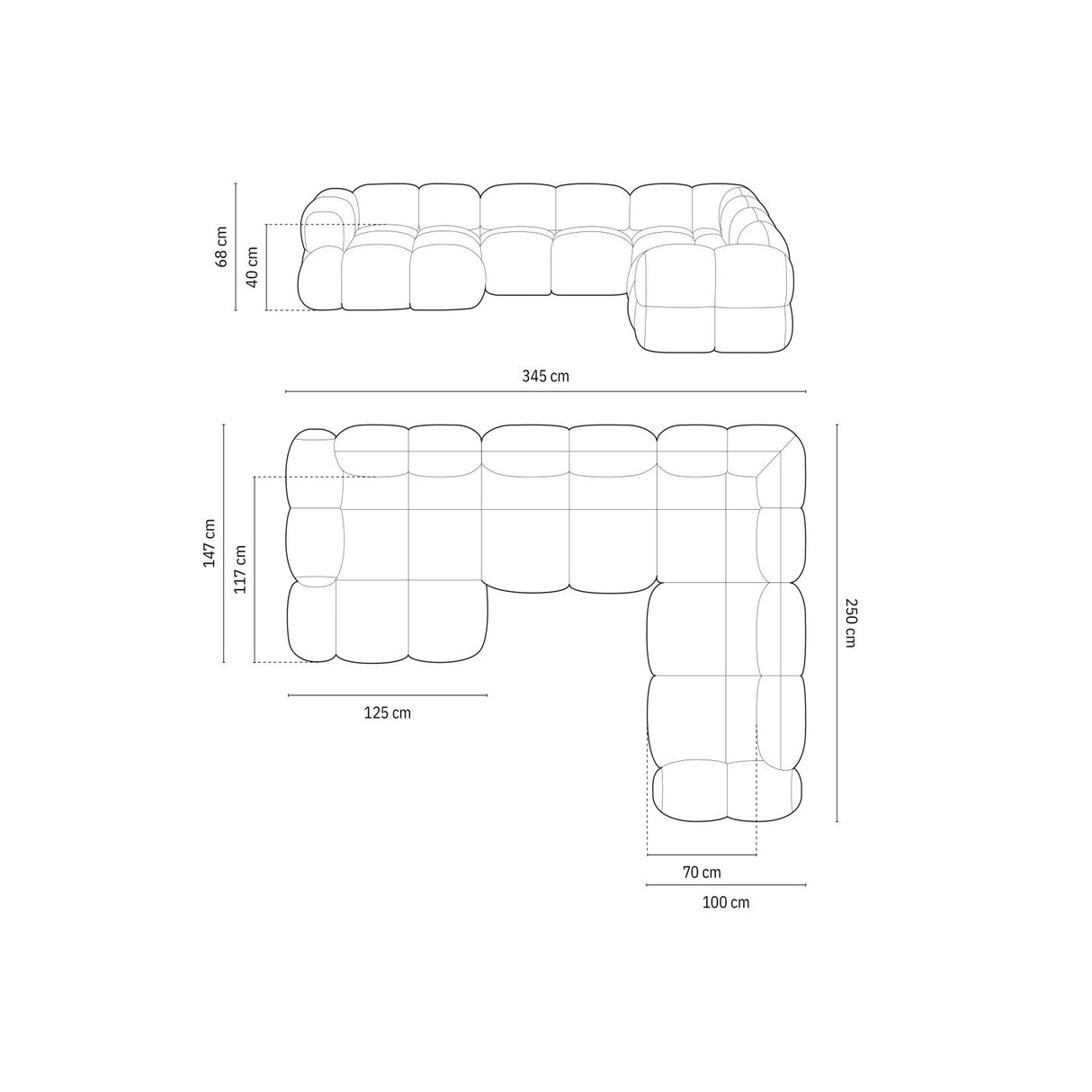 Loretto 5-Sitzer Panorama Ecksofa, Rechte Seite, aus Samt in Tiefes Petrol (Vogue 13), Beine aus Schwarzes Plastik, 345x250x68 cm von Cosmopolitan Design – Bild 3