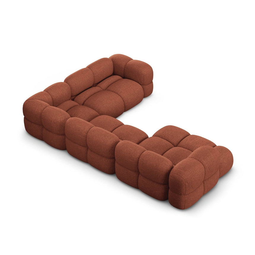 Loretto 5-Sitzer Panorama Ecksofa, Rechte Seite, aus Strukturierter Stoff in Koralle (Sorella 58), Beine aus Schwarzes Plastik, 345x250x68 cm von Cosmopolitan Design – Bild 5