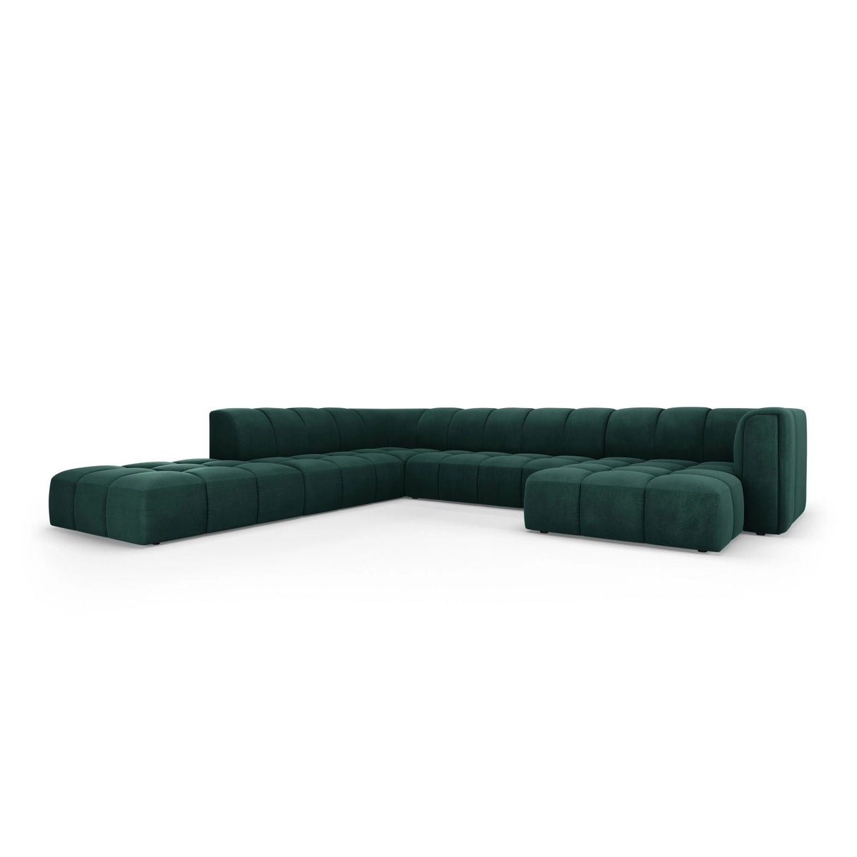 Moritz 7-Sitzer Panorama Ecksofa, Linke Seite, aus Chenille in Flaschengrün (Rebel 16), Beine aus Schwarzes Plastik, 329x276x70 cm von Cosmopolitan Design – Bild 2