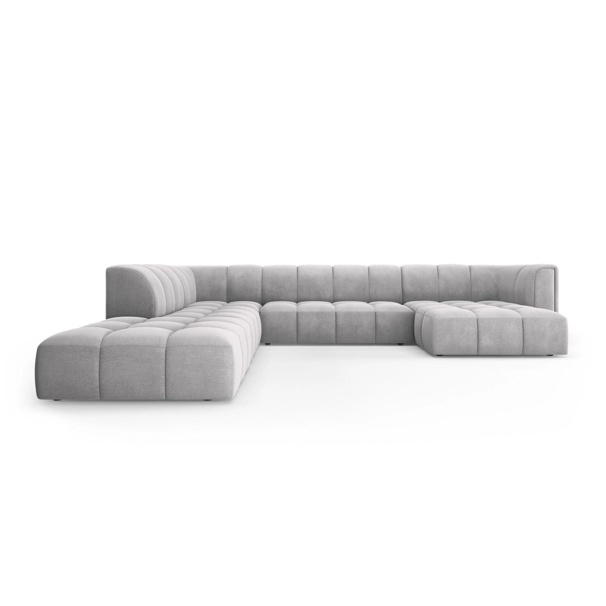 Moritz 7-Sitzer Panorama Ecksofa, Linke Seite, aus Chenille in Hellgrau (Rebel 5), Beine aus Schwarzes Plastik, 329x276x70 cm von Cosmopolitan Design – Bild 1