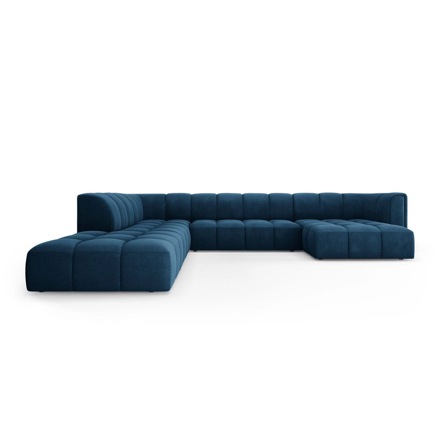 Moritz 7-Sitzer Panorama Ecksofa, Linke Seite, aus Chenille in Königsblau (Rebel 12), Beine aus Schwarzes Plastik, 329x276x70 cm von Cosmopolitan Design – Bild 1