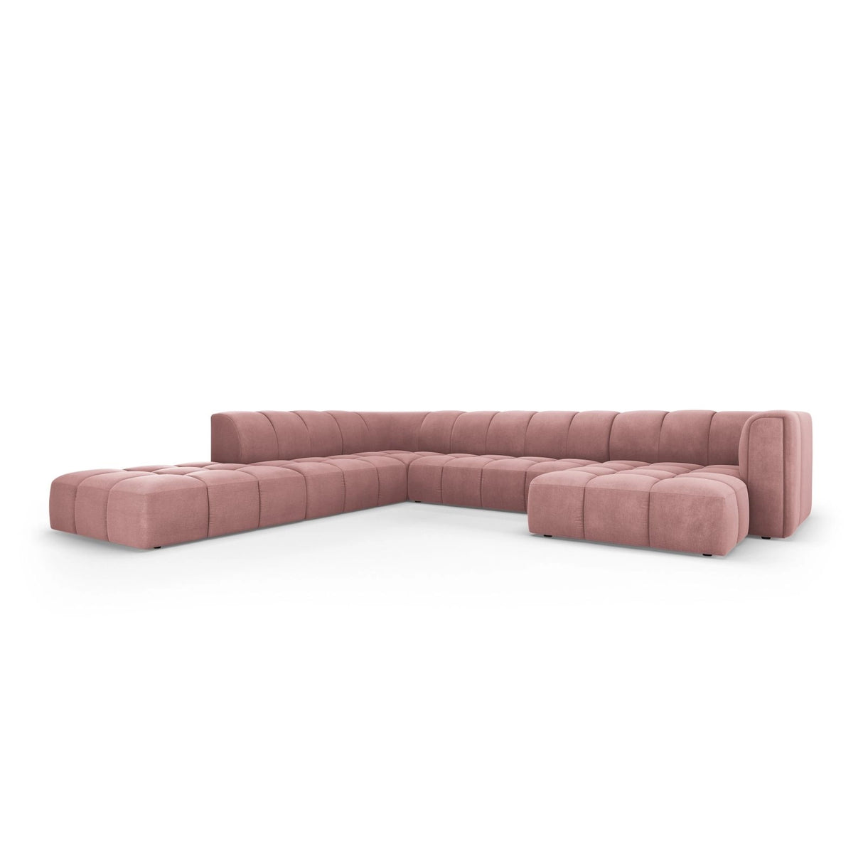 Moritz 7-Sitzer Panorama Ecksofa, Linke Seite, aus Chenille in Rosa (Rebel 7), Beine aus Schwarzes Plastik, 329x276x70 cm von Cosmopolitan Design – Bild 2