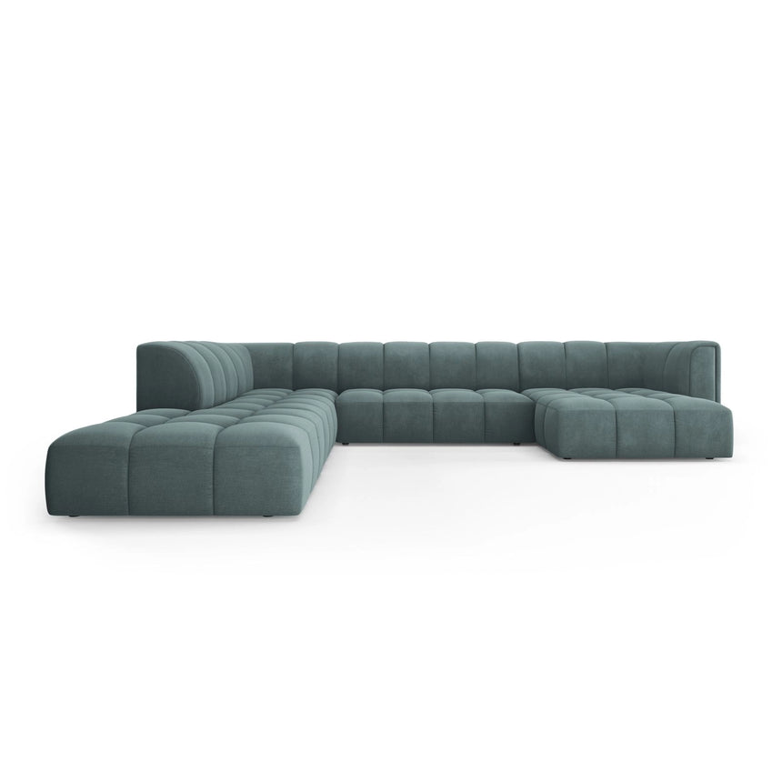 Moritz 7-Sitzer Panorama Ecksofa, Linke Seite, aus Chenille in Seegrün (Rebel 13), Beine aus Schwarzes Plastik, 329x276x70 cm von Cosmopolitan Design – Bild 1