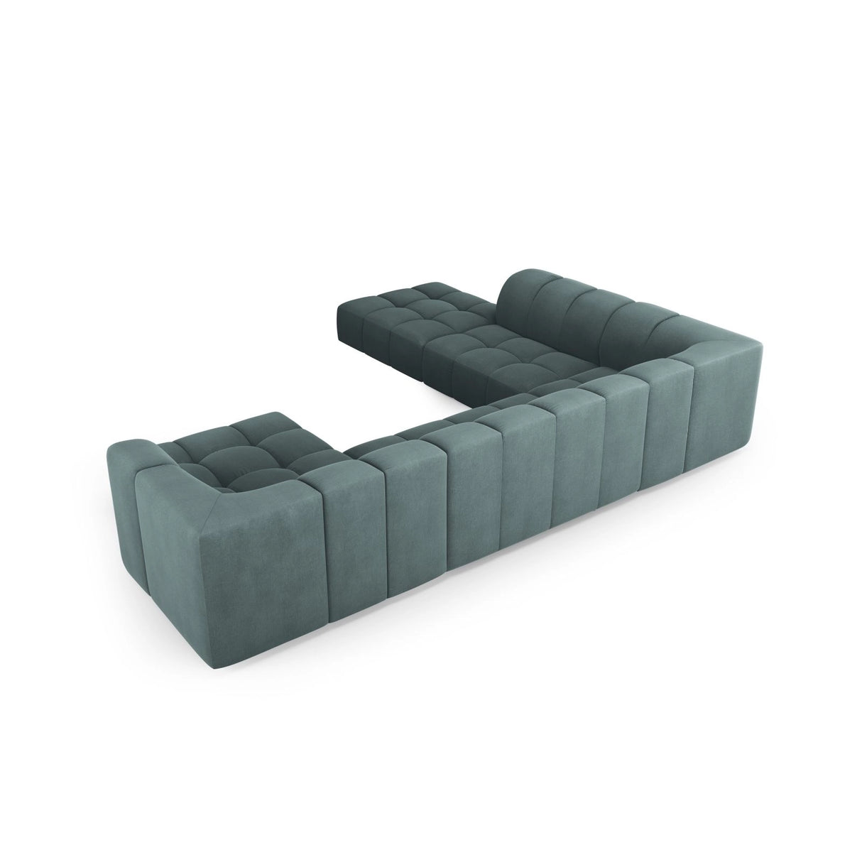 Moritz 7-Sitzer Panorama Ecksofa, Linke Seite, aus Chenille in Seegrün (Rebel 13), Beine aus Schwarzes Plastik, 329x276x70 cm von Cosmopolitan Design – Bild 3