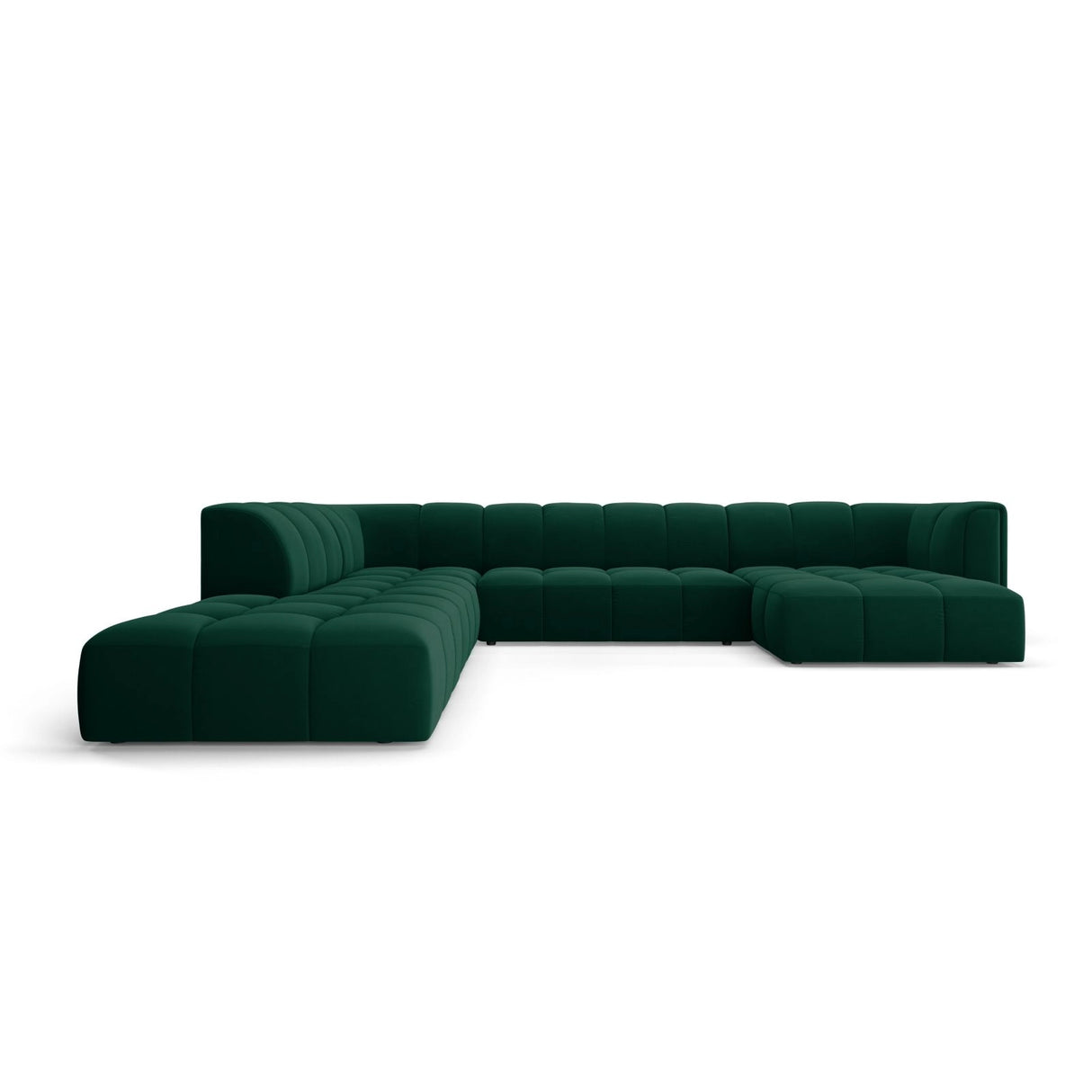 Moritz 7-Sitzer Panorama Ecksofa, Linke Seite, aus Samt in Flaschengrün (Bluvel 78), Beine aus Schwarzes Plastik, 329x276x70 cm von Cosmopolitan Design – Bild 1