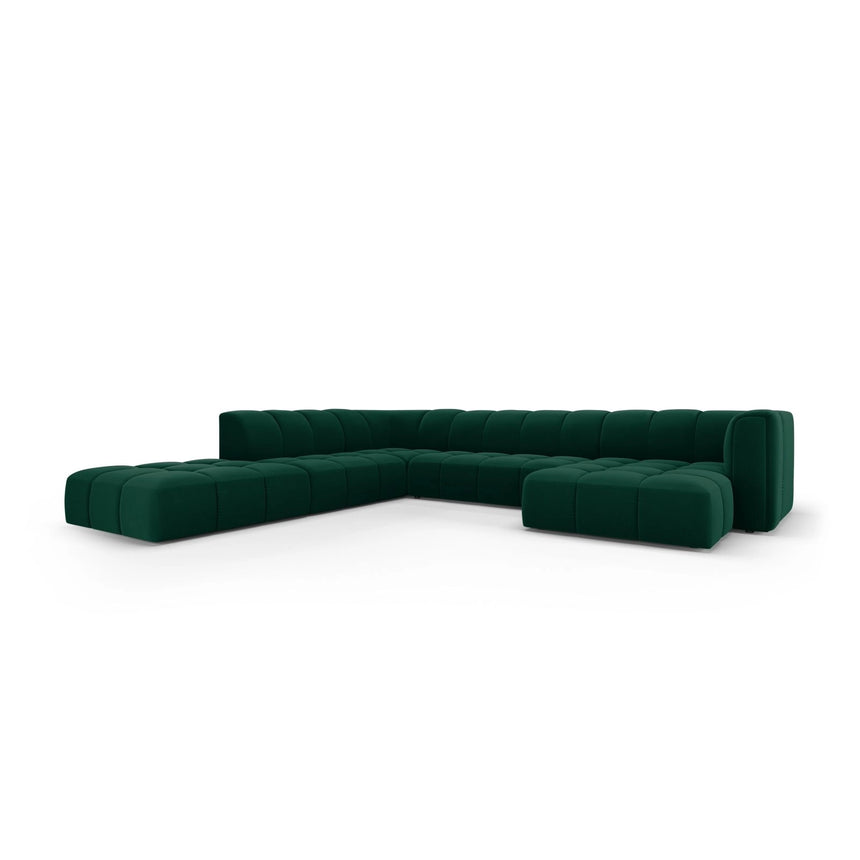Moritz 7-Sitzer Panorama Ecksofa, Linke Seite, aus Samt in Flaschengrün (Bluvel 78), Beine aus Schwarzes Plastik, 329x276x70 cm von Cosmopolitan Design – Bild 2