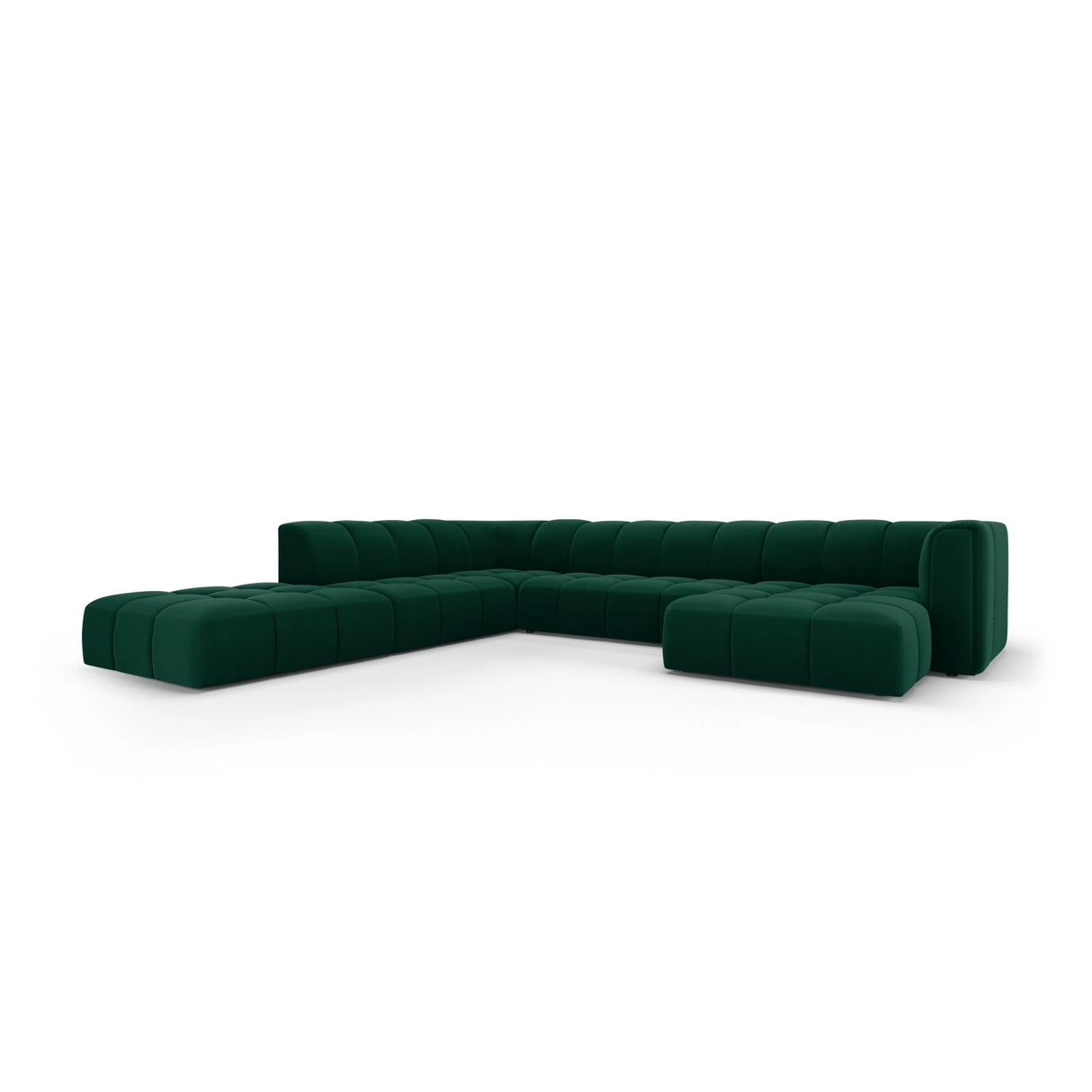 Moritz 7-Sitzer Panorama Ecksofa, Linke Seite, aus Samt in Flaschengrün (Bluvel 78), Beine aus Schwarzes Plastik, 329x276x70 cm von Cosmopolitan Design – Bild 2