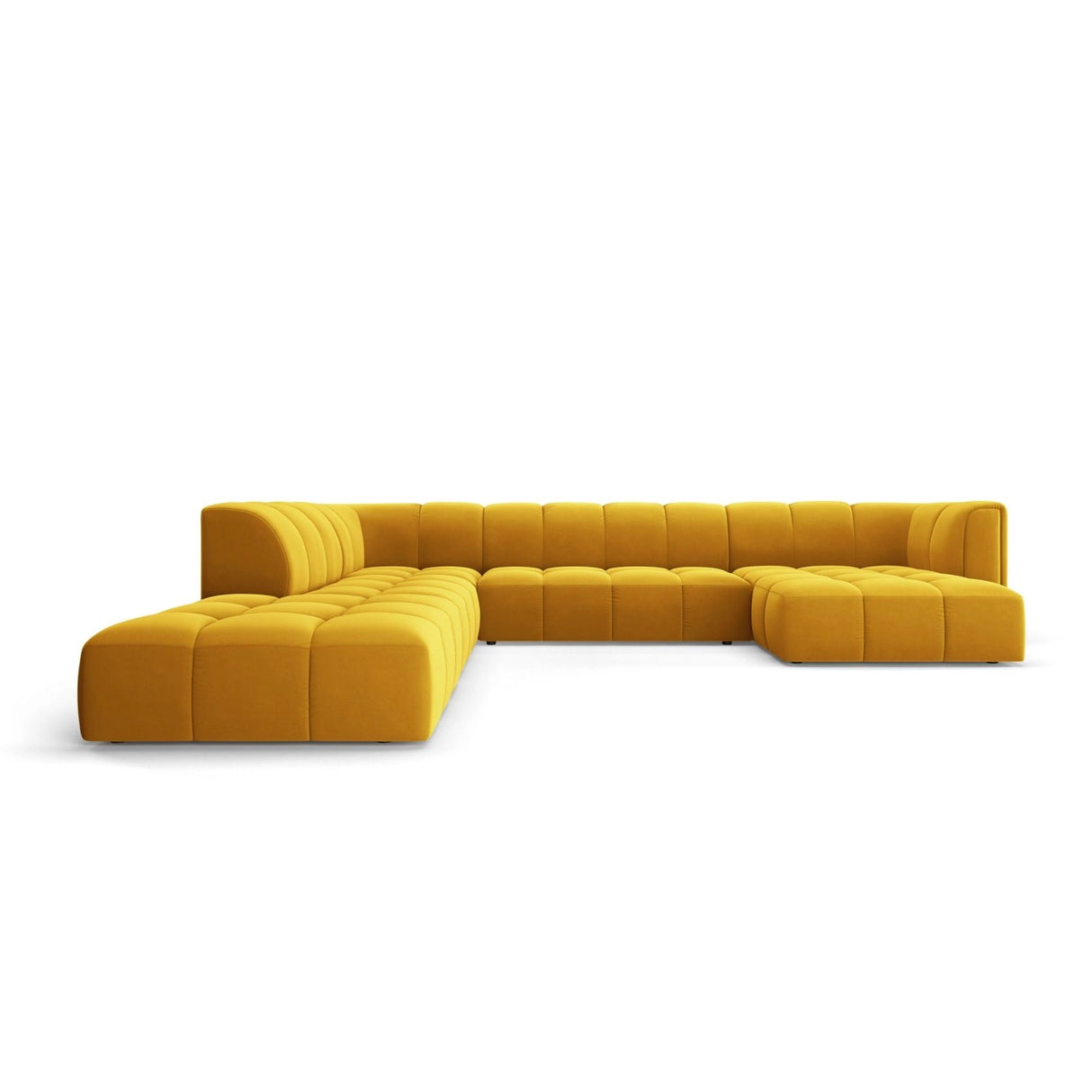 Moritz 7-Sitzer Panorama Ecksofa, Linke Seite, aus Samt in Gelb (Bluvel 68), Beine aus Schwarzes Plastik, 329x276x70 cm von Cosmopolitan Design – Bild 1