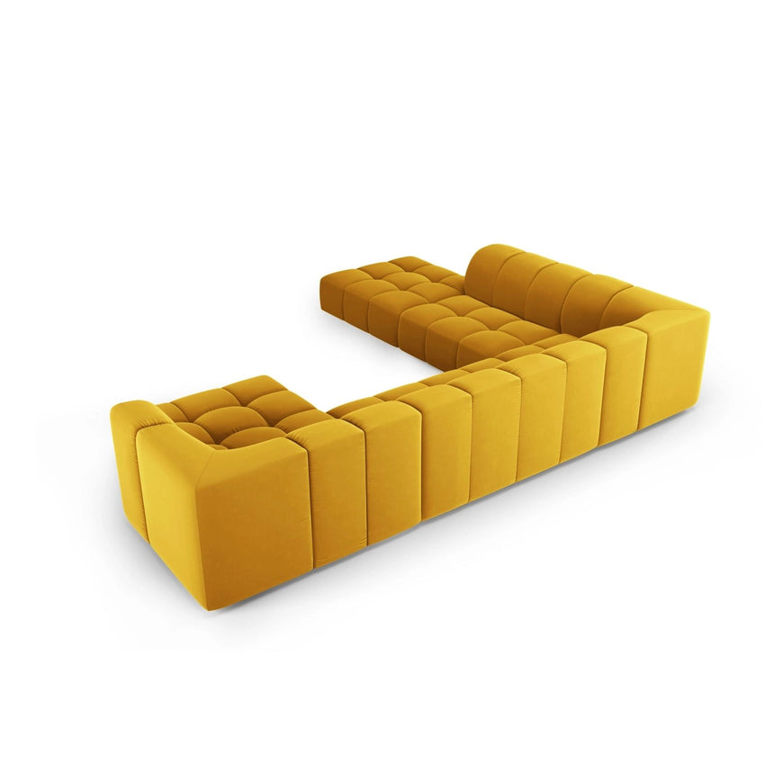 Moritz 7-Sitzer Panorama Ecksofa, Linke Seite, aus Samt in Gelb (Bluvel 68), Beine aus Schwarzes Plastik, 329x276x70 cm von Cosmopolitan Design – Bild 3