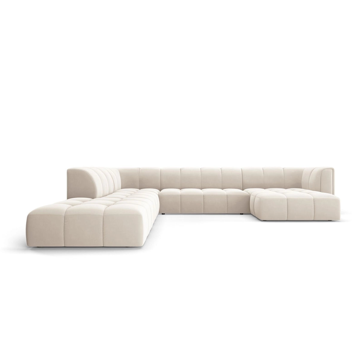 Moritz 7-Sitzer Panorama Ecksofa, Linke Seite, aus Samt in Hellbeige (Bluvel 22), Beine aus Schwarzes Plastik, 329x276x70 cm von Cosmopolitan Design – Bild 1