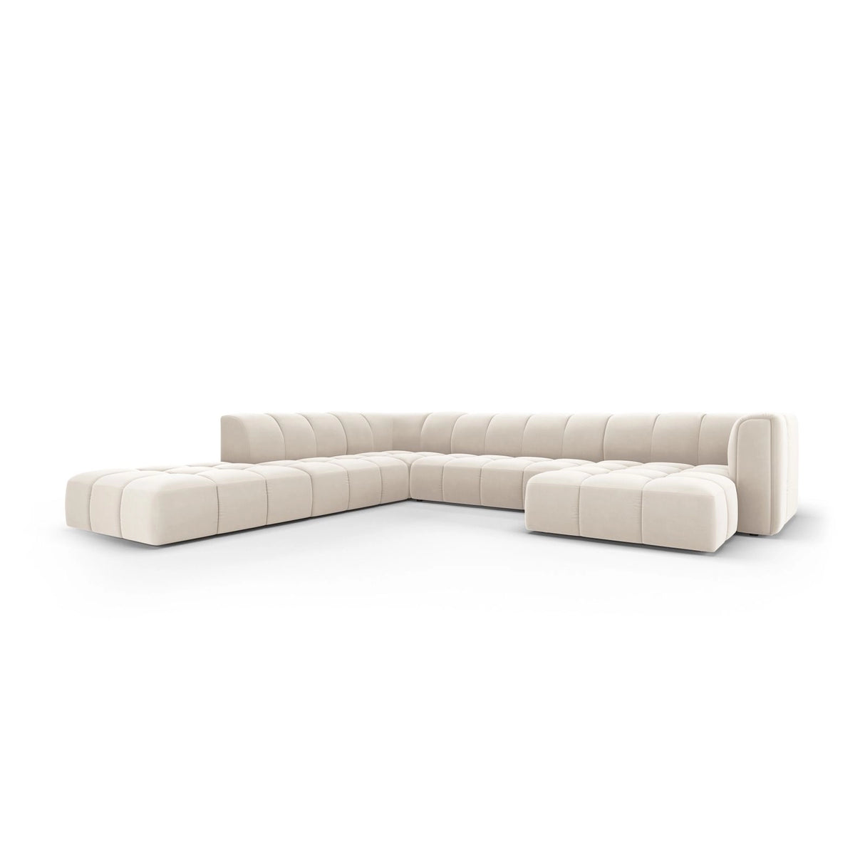 Moritz 7-Sitzer Panorama Ecksofa, Linke Seite, aus Samt in Hellbeige (Bluvel 22), Beine aus Schwarzes Plastik, 329x276x70 cm von Cosmopolitan Design – Bild 2