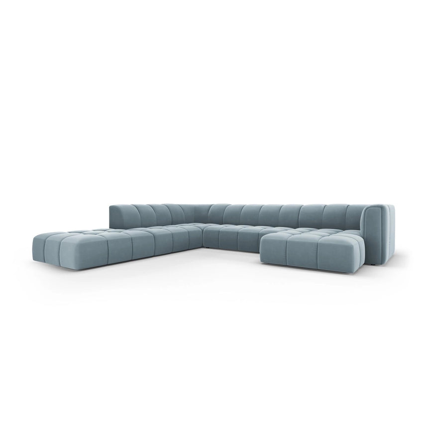 Moritz 7-Sitzer Panorama Ecksofa, Linke Seite, aus Samt in Hellblau (Bluvel 06), Beine aus Schwarzes Plastik, 329x276x70 cm von Cosmopolitan Design – Bild 2