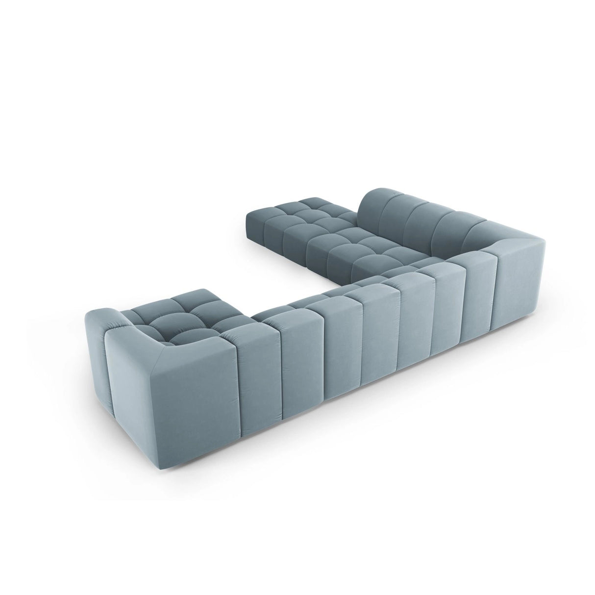 Moritz 7-Sitzer Panorama Ecksofa, Linke Seite, aus Samt in Hellblau (Bluvel 06), Beine aus Schwarzes Plastik, 329x276x70 cm von Cosmopolitan Design – Bild 3