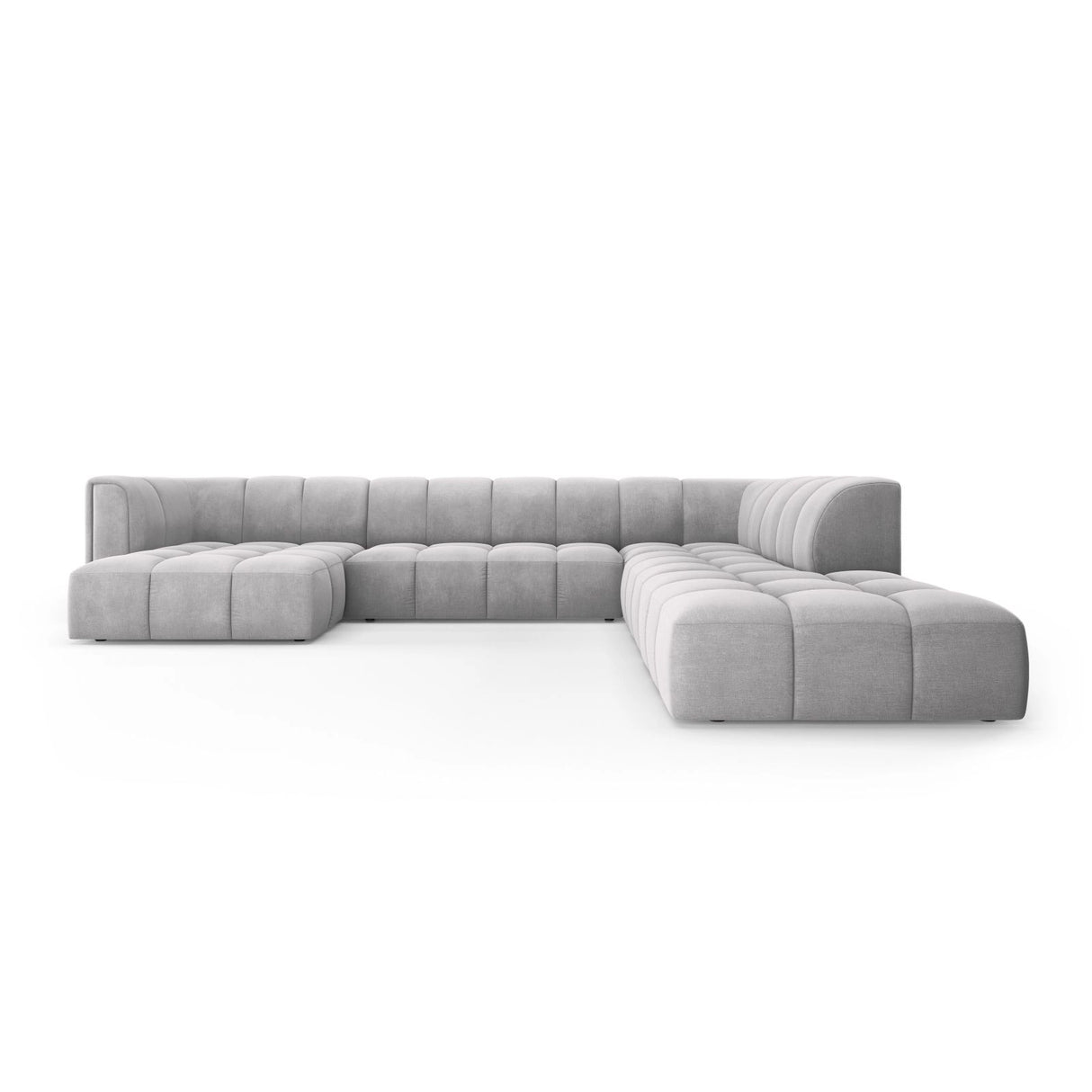 Moritz 7-Sitzer Panorama Ecksofa, Rechte Seite, aus Chenille in Hellgrau (Rebel 5), Beine aus Schwarzes Plastik, 329x276x70 cm von Cosmopolitan Design – Bild 1