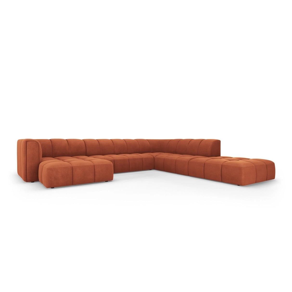 Moritz 7-Sitzer Panorama Ecksofa, Rechte Seite, aus Chenille in Orange (Rebel 20), Beine aus Schwarzes Plastik, 329x276x70 cm von Cosmopolitan Design – Bild 2