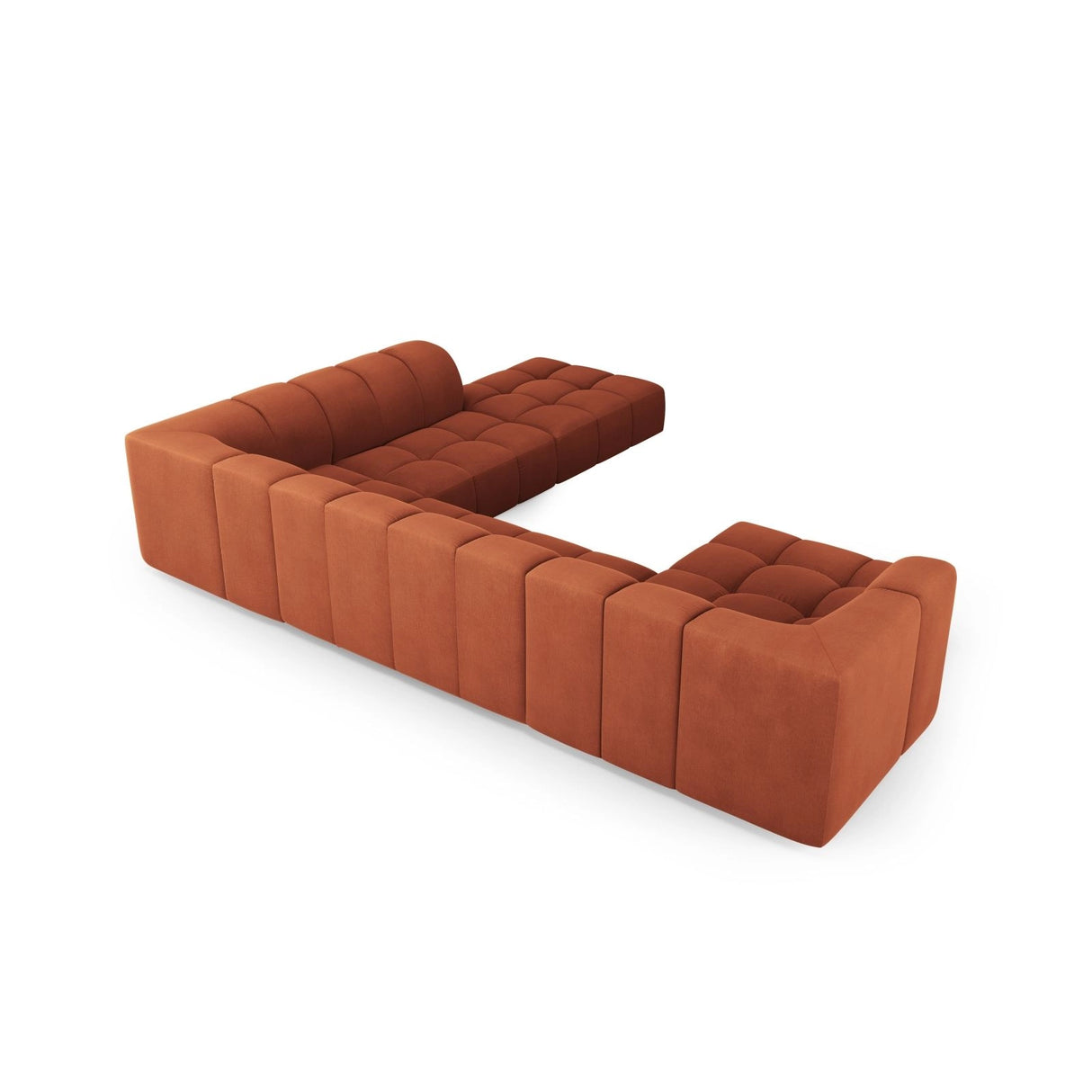 Moritz 7-Sitzer Panorama Ecksofa, Rechte Seite, aus Chenille in Orange (Rebel 20), Beine aus Schwarzes Plastik, 329x276x70 cm von Cosmopolitan Design – Bild 3