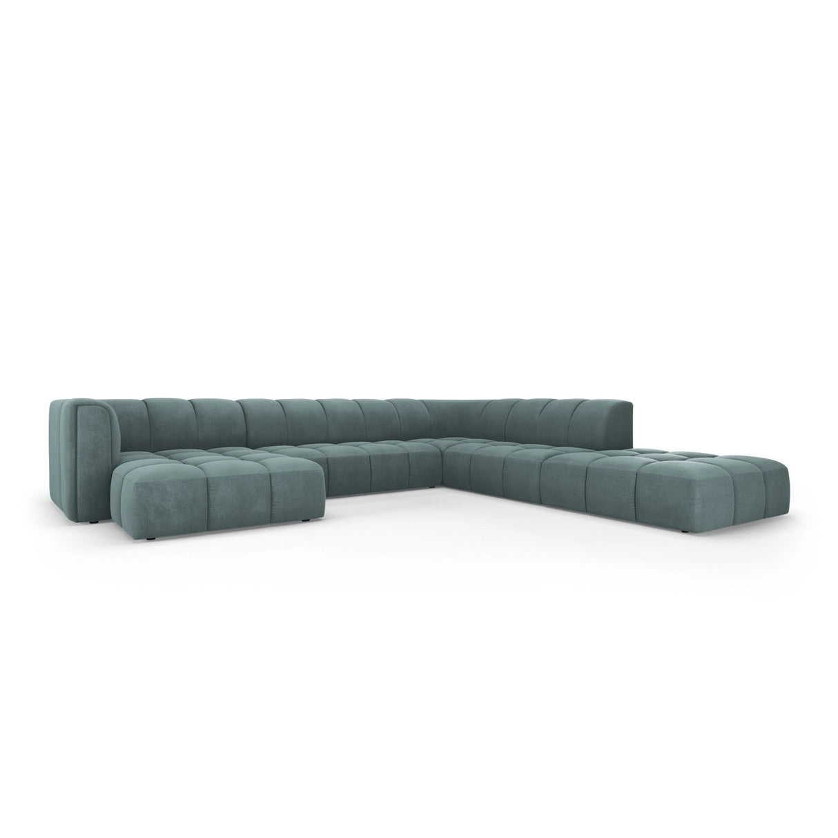 Moritz 7-Sitzer Panorama Ecksofa, Rechte Seite, aus Chenille in Seegrün (Rebel 13), Beine aus Schwarzes Plastik, 329x276x70 cm von Cosmopolitan Design – Bild 2