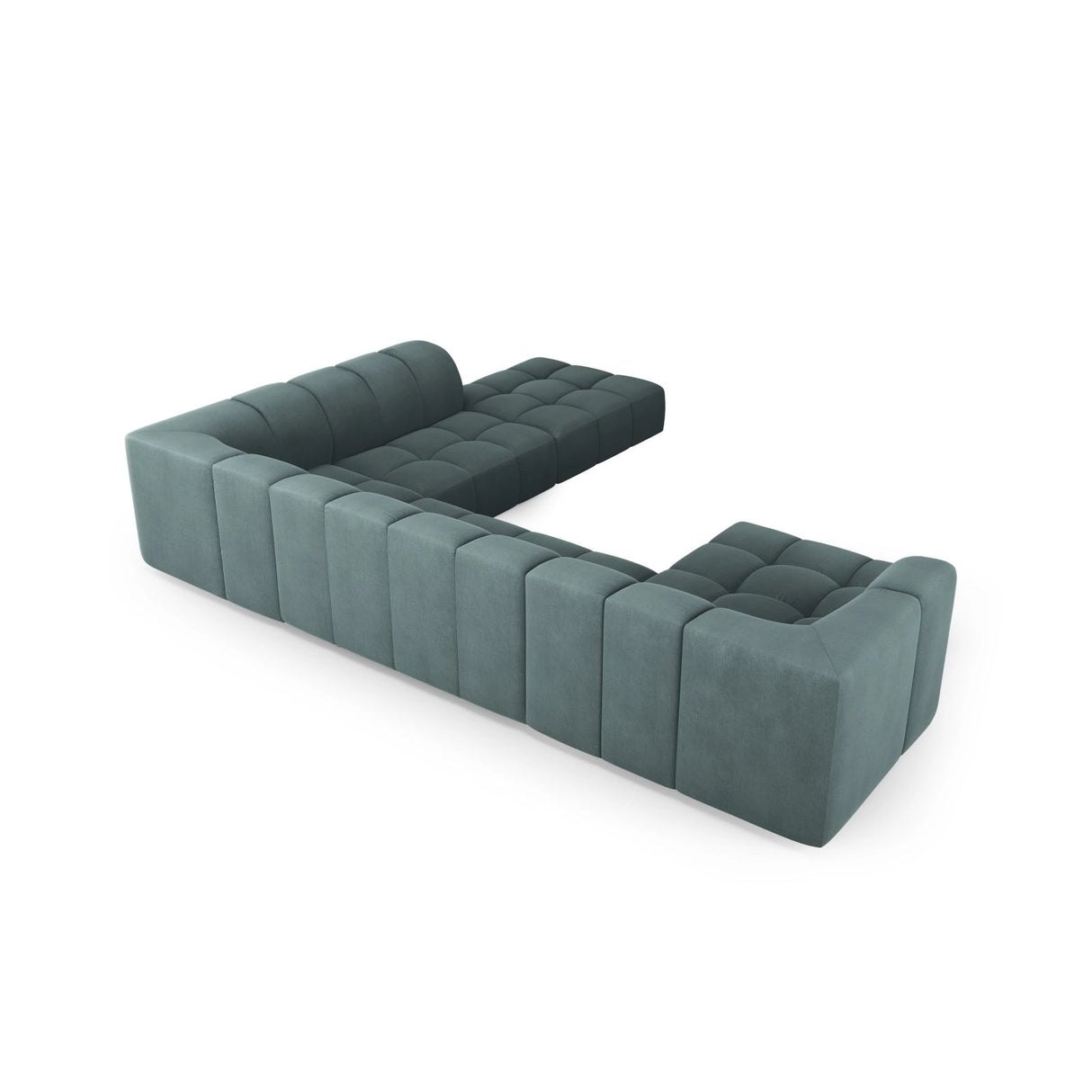 Moritz 7-Sitzer Panorama Ecksofa, Rechte Seite, aus Chenille in Seegrün (Rebel 13), Beine aus Schwarzes Plastik, 329x276x70 cm von Cosmopolitan Design – Bild 3