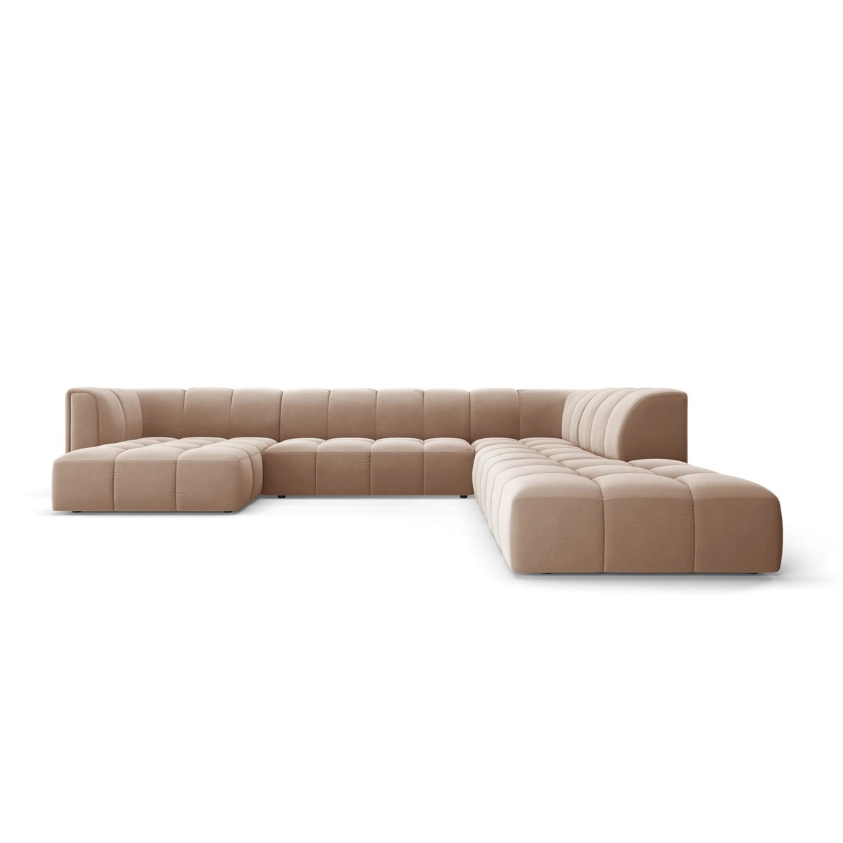 Moritz 7-Sitzer Panorama Ecksofa, Rechte Seite, aus Samt in Beige (Bluvel 28), Beine aus Schwarzes Plastik, 329x276x70 cm von Cosmopolitan Design – Bild 1