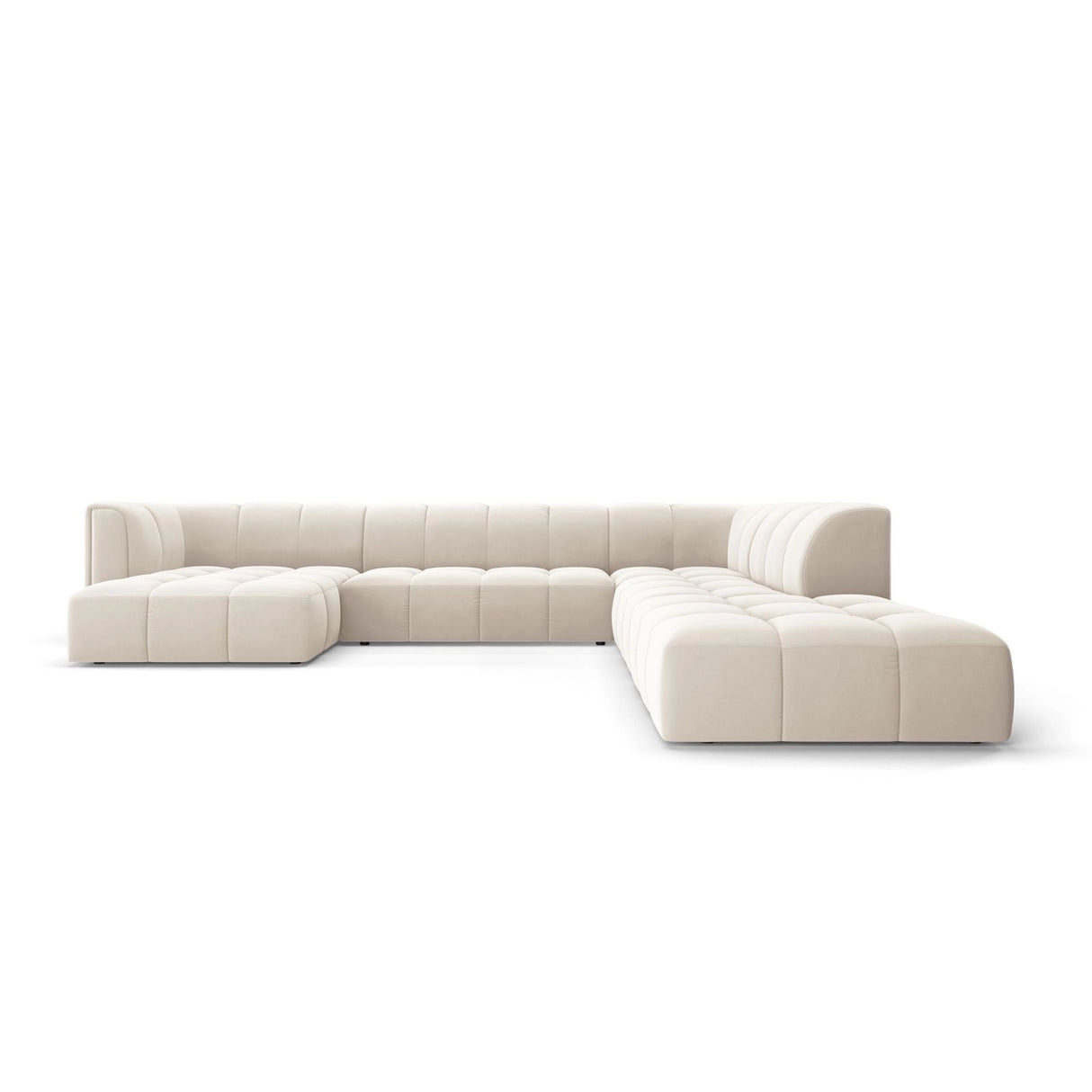 Moritz 7-Sitzer Panorama Ecksofa, Rechte Seite, aus Samt in Hellbeige (Bluvel 22), Beine aus Schwarzes Plastik, 329x276x70 cm von Cosmopolitan Design – Bild 1