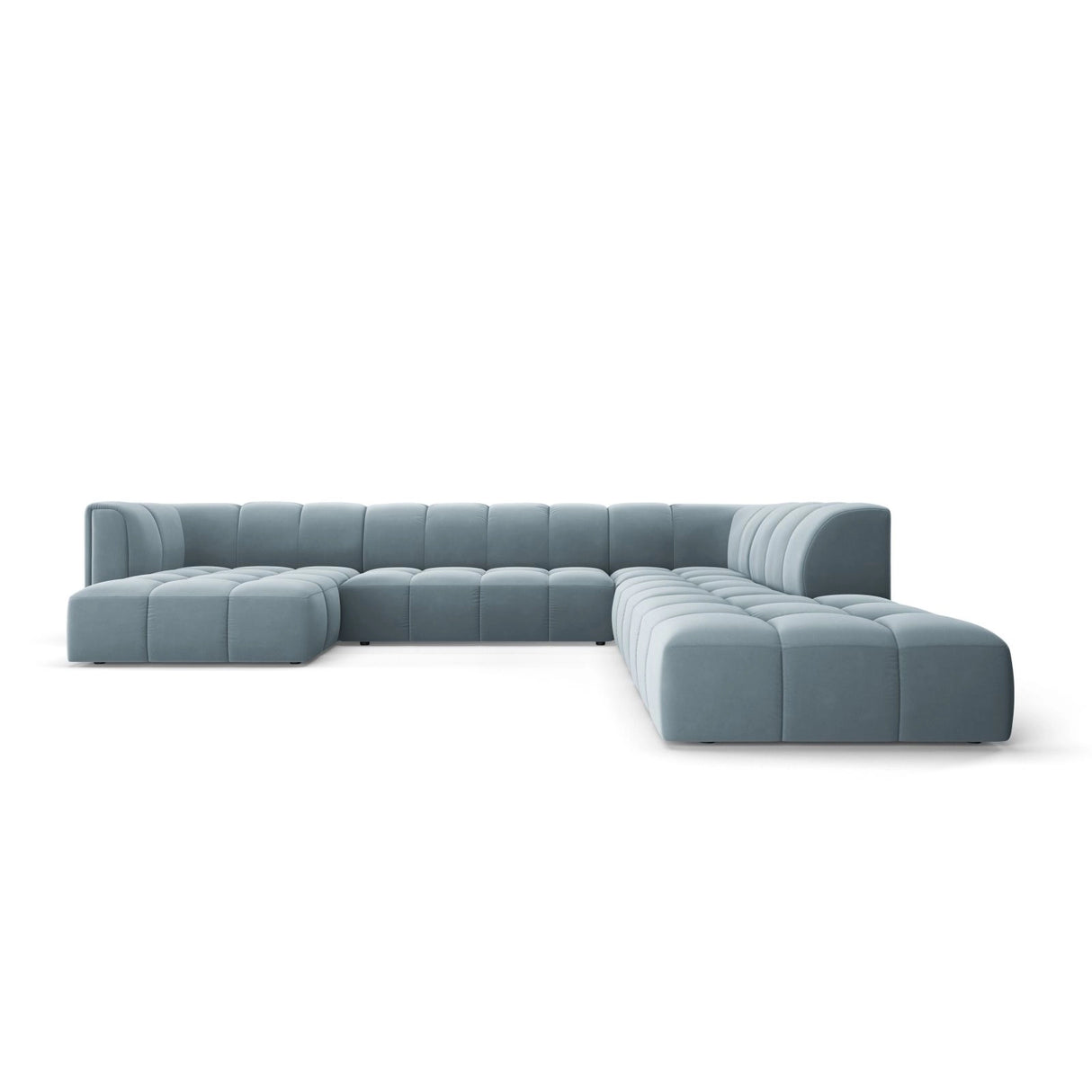 Moritz 7-Sitzer Panorama Ecksofa, Rechte Seite, aus Samt in Hellblau (Bluvel 06), Beine aus Schwarzes Plastik, 329x276x70 cm von Cosmopolitan Design – Bild 1