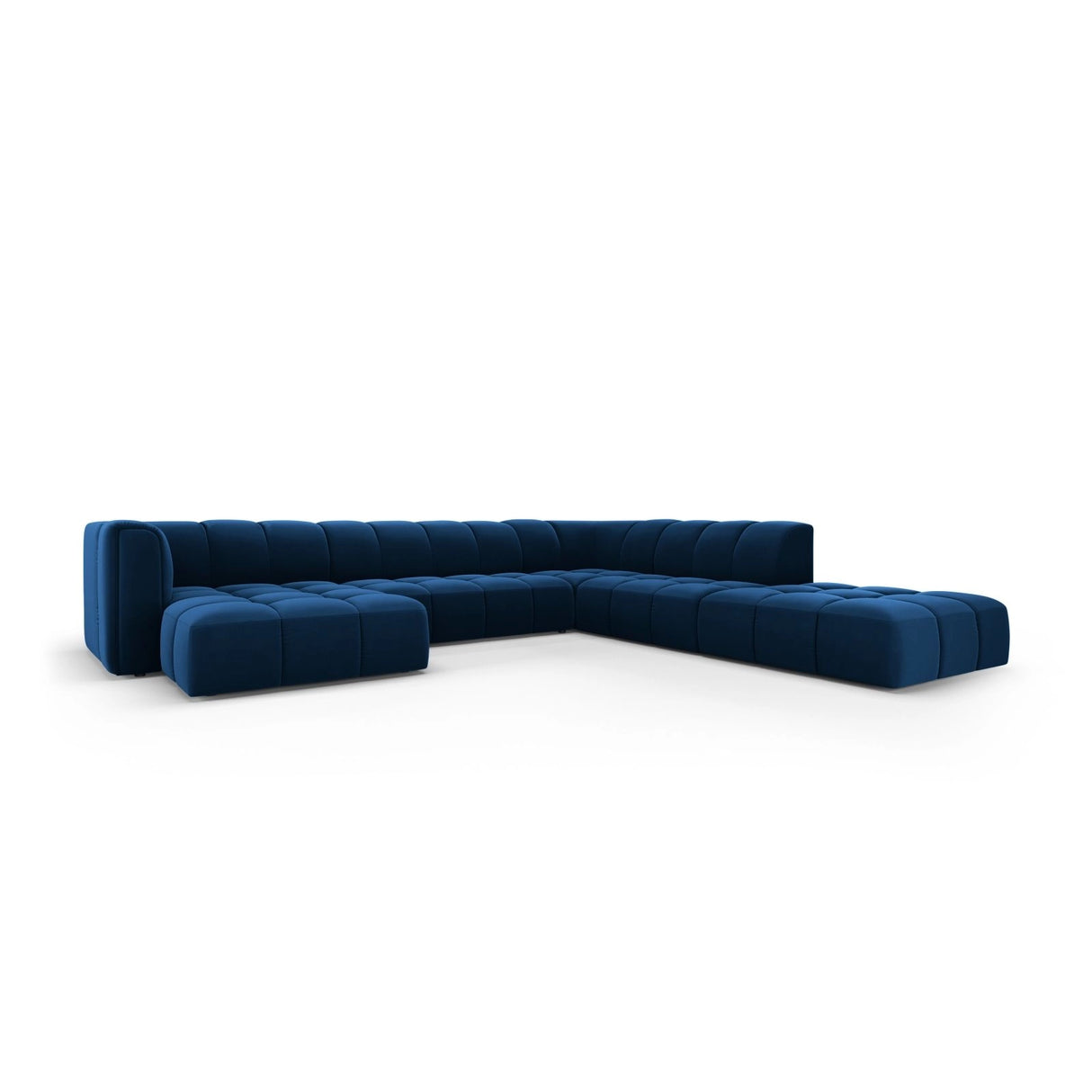 Moritz 7-Sitzer Panorama Ecksofa, Rechte Seite, aus Samt in Königsblau (Bluvel 86), Beine aus Schwarzes Plastik, 329x276x70 cm von Cosmopolitan Design – Bild 2