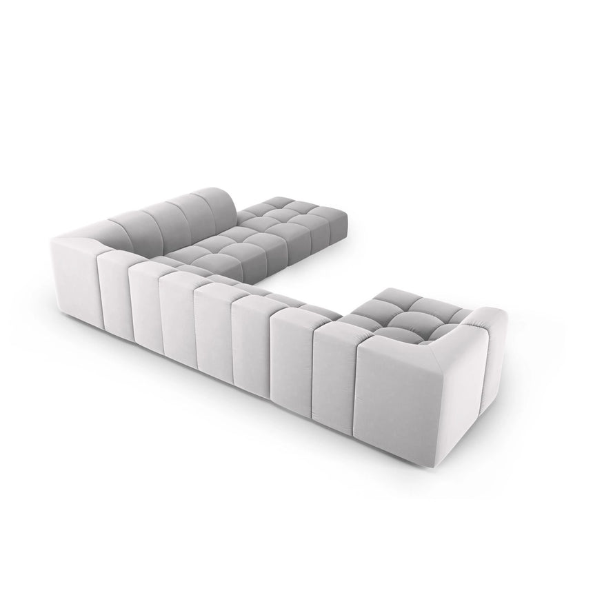 Moritz 7-Sitzer Panorama Ecksofa, Rechte Seite, aus Samt in Silber (Bluvel 03), Beine aus Schwarzes Plastik, 329x276x70 cm von Cosmopolitan Design – Bild 3