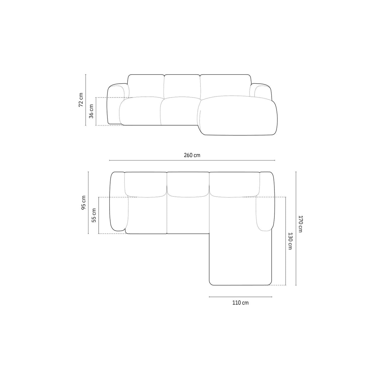 Nolio 4-Sitzer Ecksofa, Rechte Seite, aus Samt in Dunkelgrau (Casino Graphite), 260x170x72 cm von Cosmopolitan Design – Bild 3