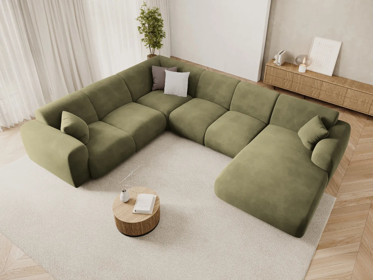 Nolio 6-Sitzer Panorama Ecksofa, Linke Seite, aus Samt in Hellgrün (Casino Forest), Beine aus Schwarzes Plastik, 342x252x72 cm von Cosmopolitan Design – Bild 2