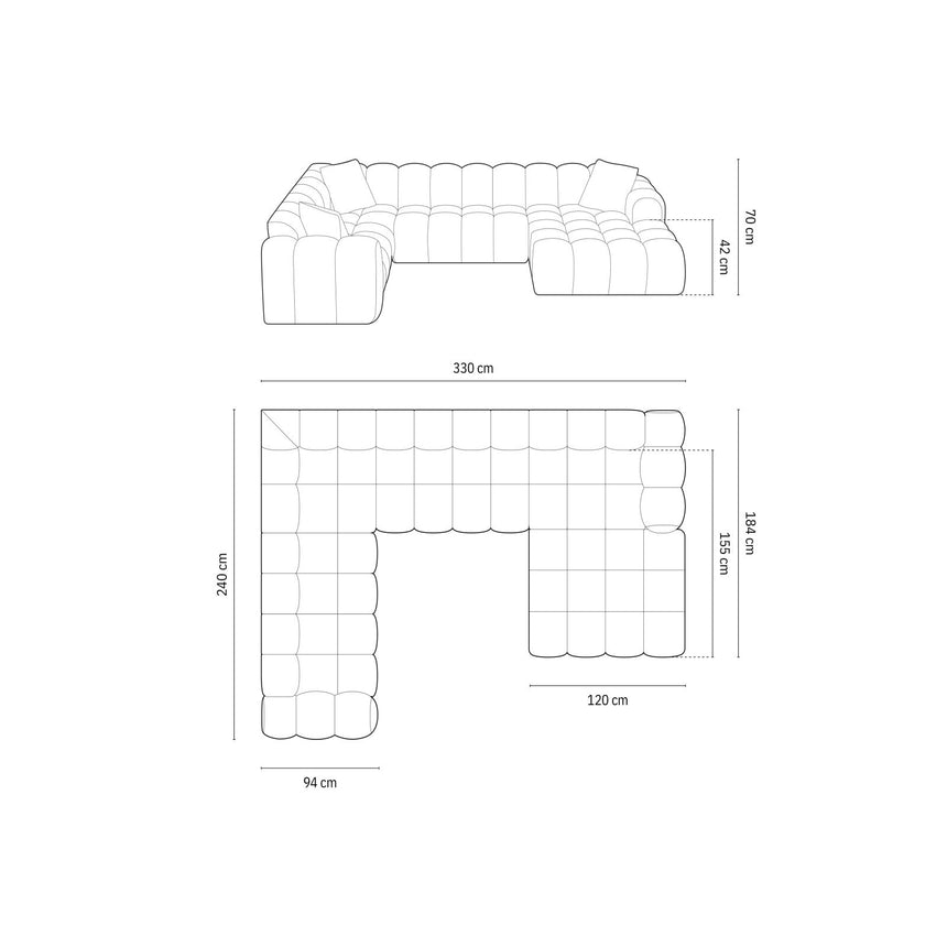 Treno 4-Sitzer Panorama Ecksofa, Linke Seite, aus Chenille in Dunkelbeige (Eden 4 Beige), Beine aus Schwarzes Plastik, 330x240x70 cm von Cosmopolitan Design – Bild 2