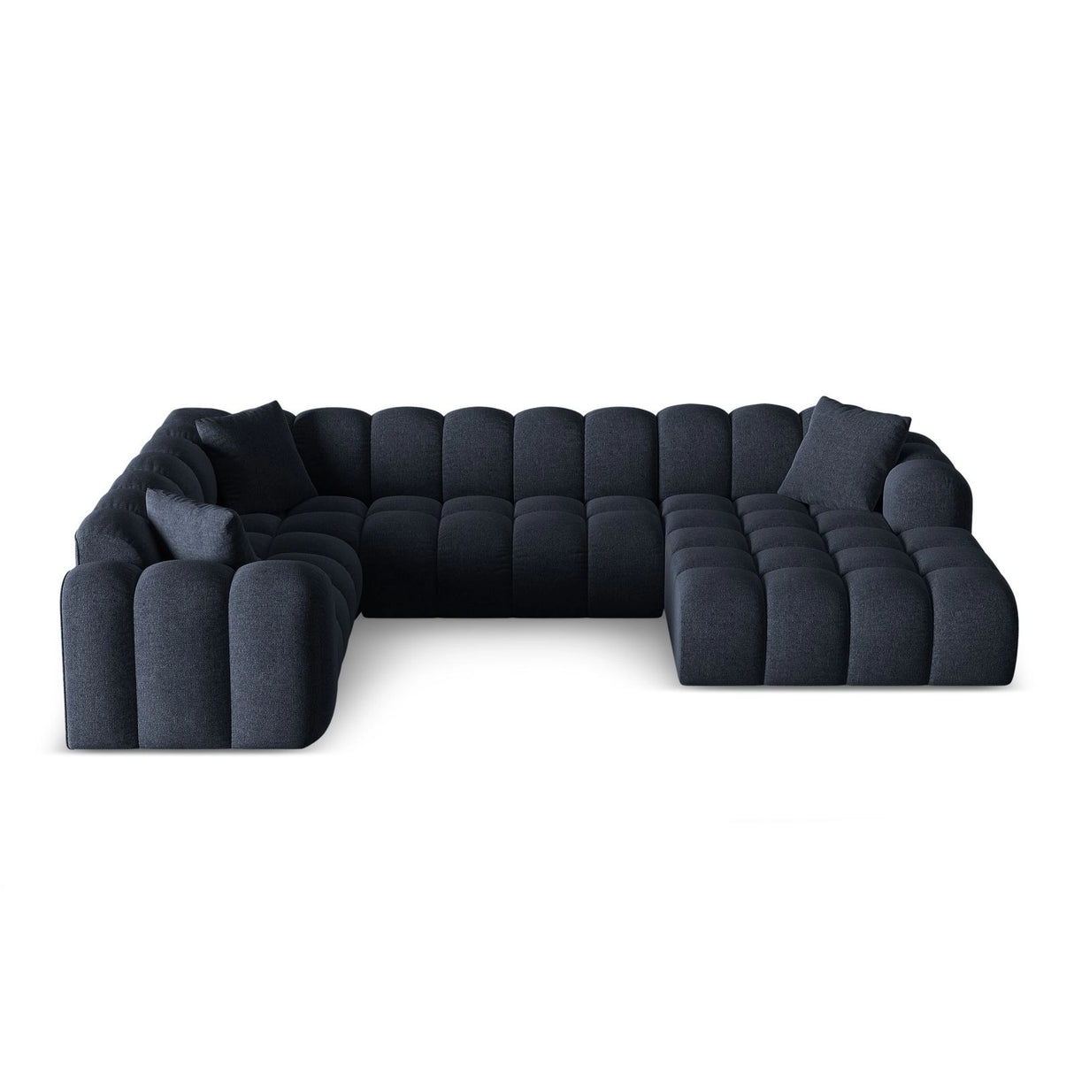 Treno 4-Sitzer Panorama Ecksofa, Linke Seite, aus Chenille in Marineblau (Eden 16 Deep Blue), Beine aus Schwarzes Plastik, 330x240x70 cm von Cosmopolitan Design – Bild 1