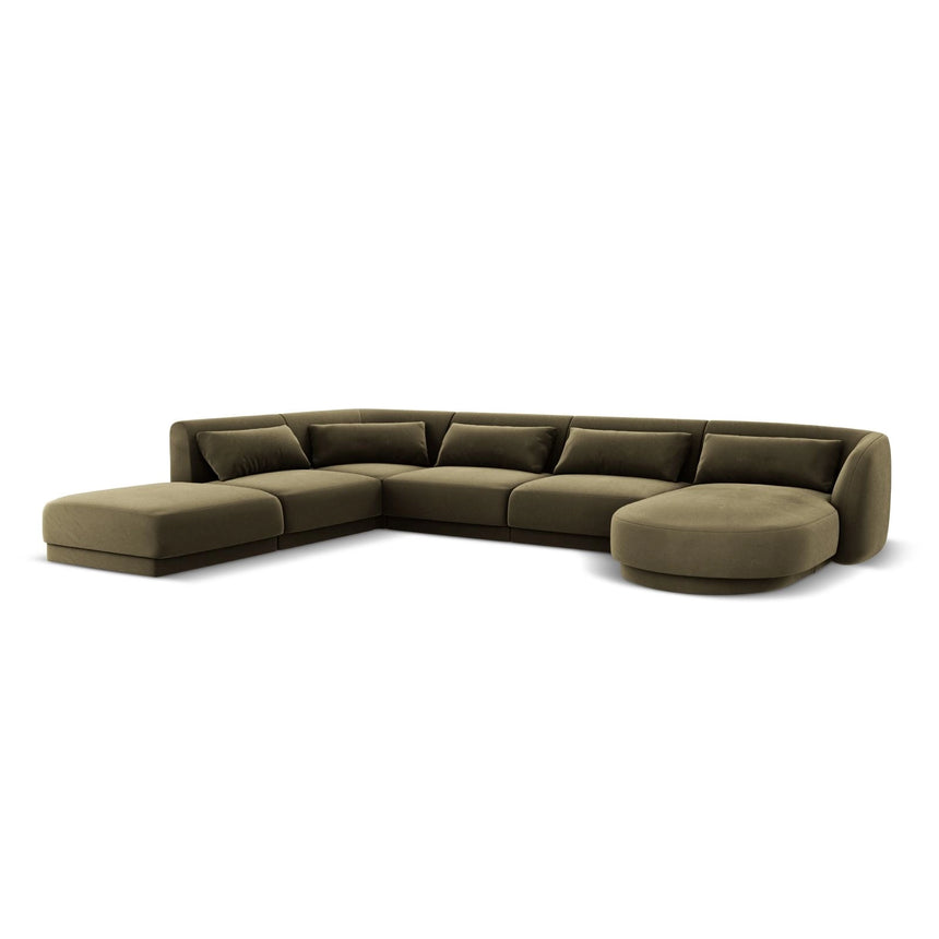 Tulum 6-Sitzer Panorama Ecksofa, Linke Seite, aus Samt in Grün (Bluvel 77), Beine aus Schwarzes Plastik, 330x255x70 cm von Cosmopolitan Design – Bild 4