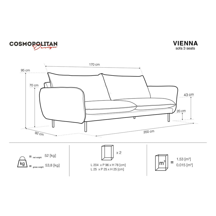 Vienna 3-Sitzer Sofa aus Samt in Hellblau (Bluvel 06), 200x92x95 cm von Cosmopolitan Design – Bild 3