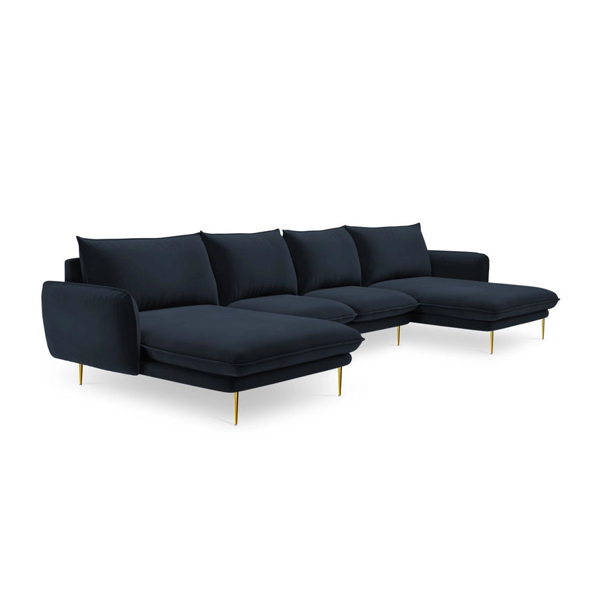 Vienna 6-Sitzer Panorama Sofa aus Samt in Dunkelblau (Bluvel 89), Beine in Goldmetall, 350x170x95 cm von Cosmopolitan Design – Bild 4