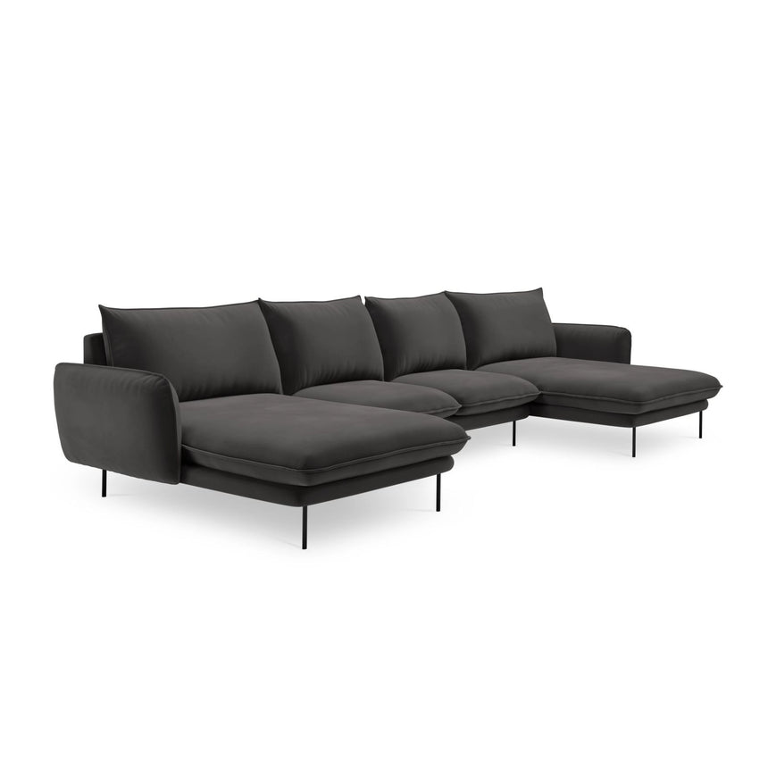 Vienna 6-Sitzer Panorama Sofa aus Samt in Dunkelgrau (Bluvel 18), Beine in Schwarzes Metall, 350x170x95 cm von Cosmopolitan Design – Bild 4