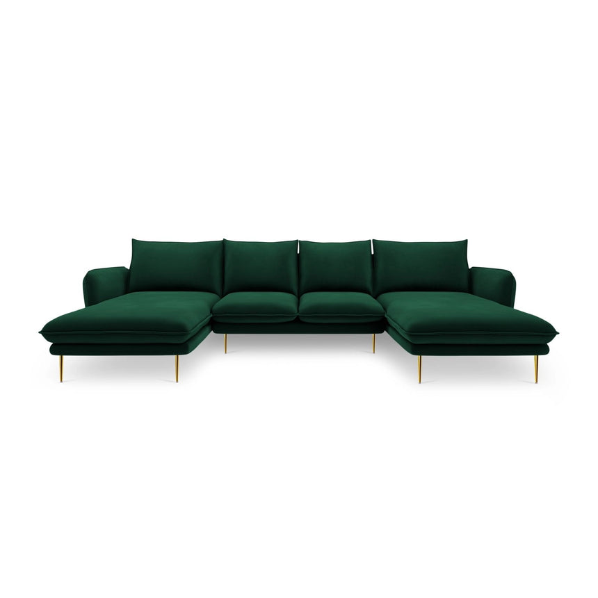 Vienna 6-Sitzer Panorama Sofa aus Samt in Flaschengrün (Bluvel 78), Beine in Goldmetall, 350x170x95 cm von Cosmopolitan Design – Bild 3