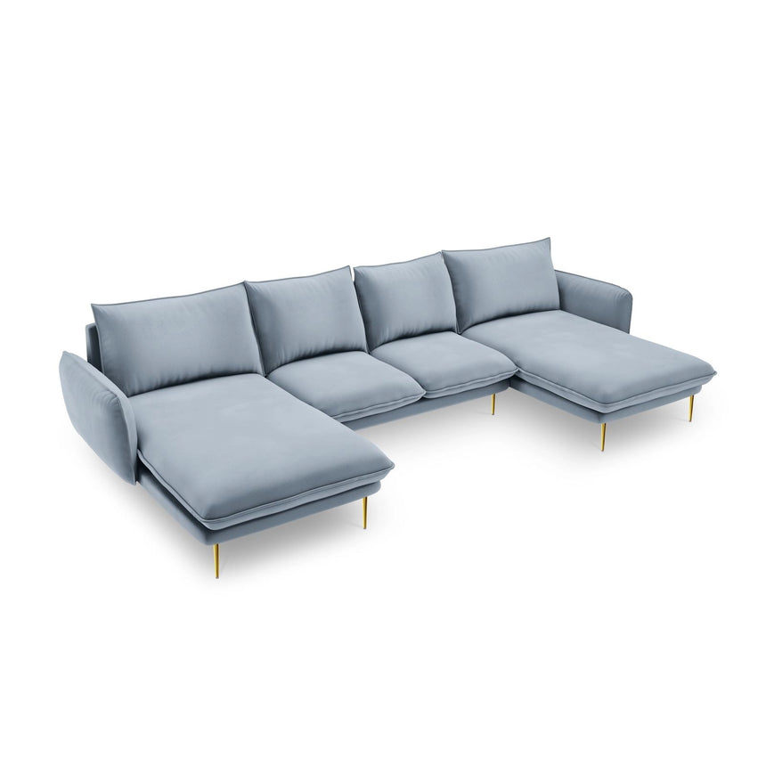 Vienna 6-Sitzer Panorama Sofa aus Samt in Hellblau (Bluvel 06), Beine in Goldmetall, 350x170x95 cm von Cosmopolitan Design – Bild 1