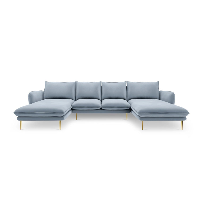Vienna 6-Sitzer Panorama Sofa aus Samt in Hellblau (Bluvel 06), Beine in Goldmetall, 350x170x95 cm von Cosmopolitan Design – Bild 3