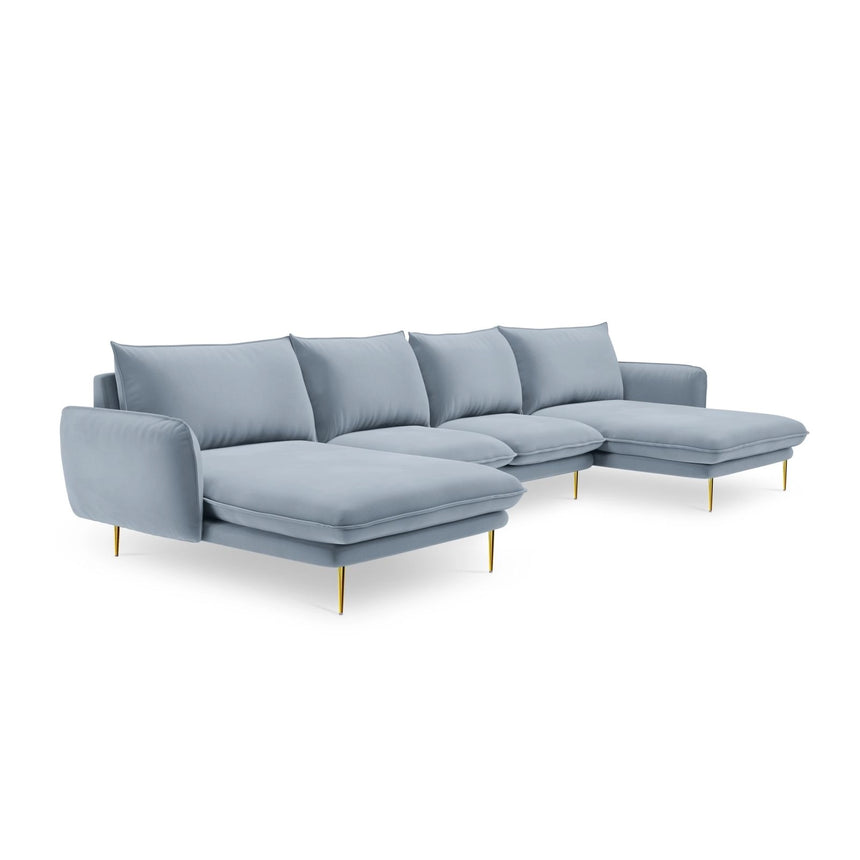 Vienna 6-Sitzer Panorama Sofa aus Samt in Hellblau (Bluvel 06), Beine in Goldmetall, 350x170x95 cm von Cosmopolitan Design – Bild 4