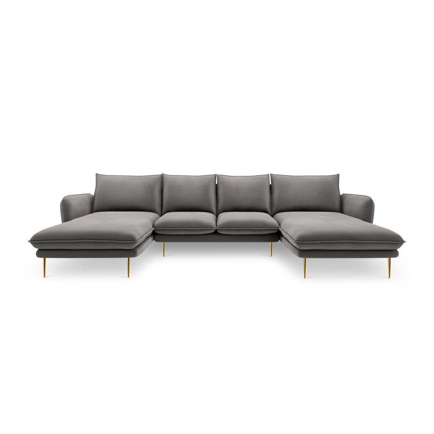 Vienna 6-Sitzer Panorama Sofa aus Samt in Hellgrau (Bluvel 13), Beine in Goldmetall, 350x170x95 cm von Cosmopolitan Design – Bild 3