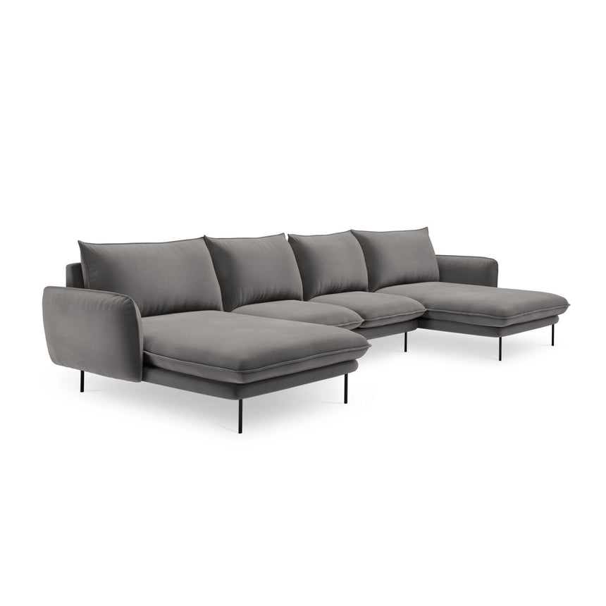 Vienna 6-Sitzer Panorama Sofa aus Samt in Hellgrau (Bluvel 13), Beine in Schwarzes Metall, 350x170x95 cm von Cosmopolitan Design – Bild 4
