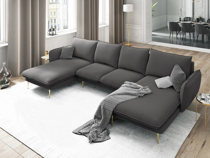 Vienna 6-Sitzer Panorama Sofa aus Strukturierter Stoff in Dunkelgrau (Positano 95), Beine in Goldmetall, 350x170x95 cm von Cosmopolitan Design – Bild 2